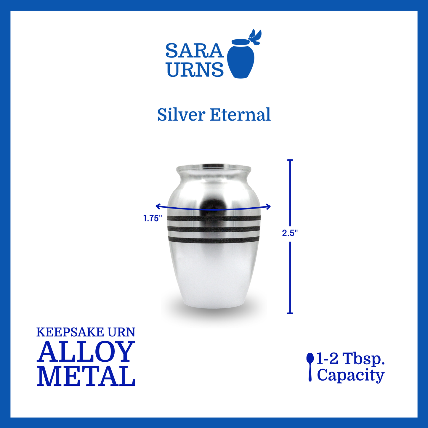 A silver alloy metal keepsake urn with three black stripes that is specified as 1.75 inches in diameter, 2.5 inches tall and can fit approximately 1 to 2 tablespoons of ashes.