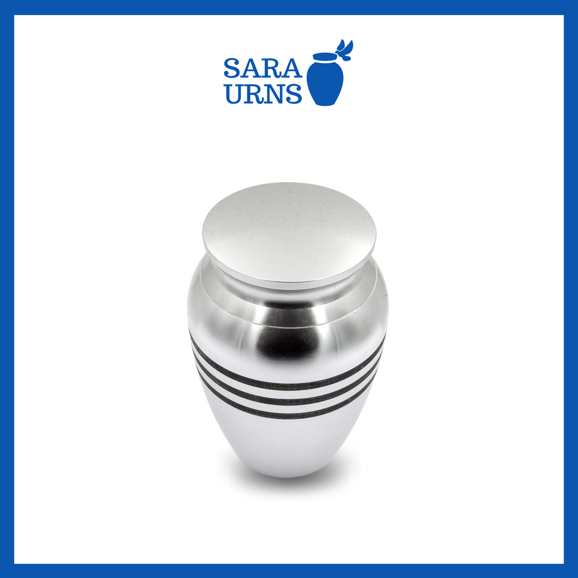 A higher angle of a silver alloy metal keepsake urn with three black stripes over a white background.
