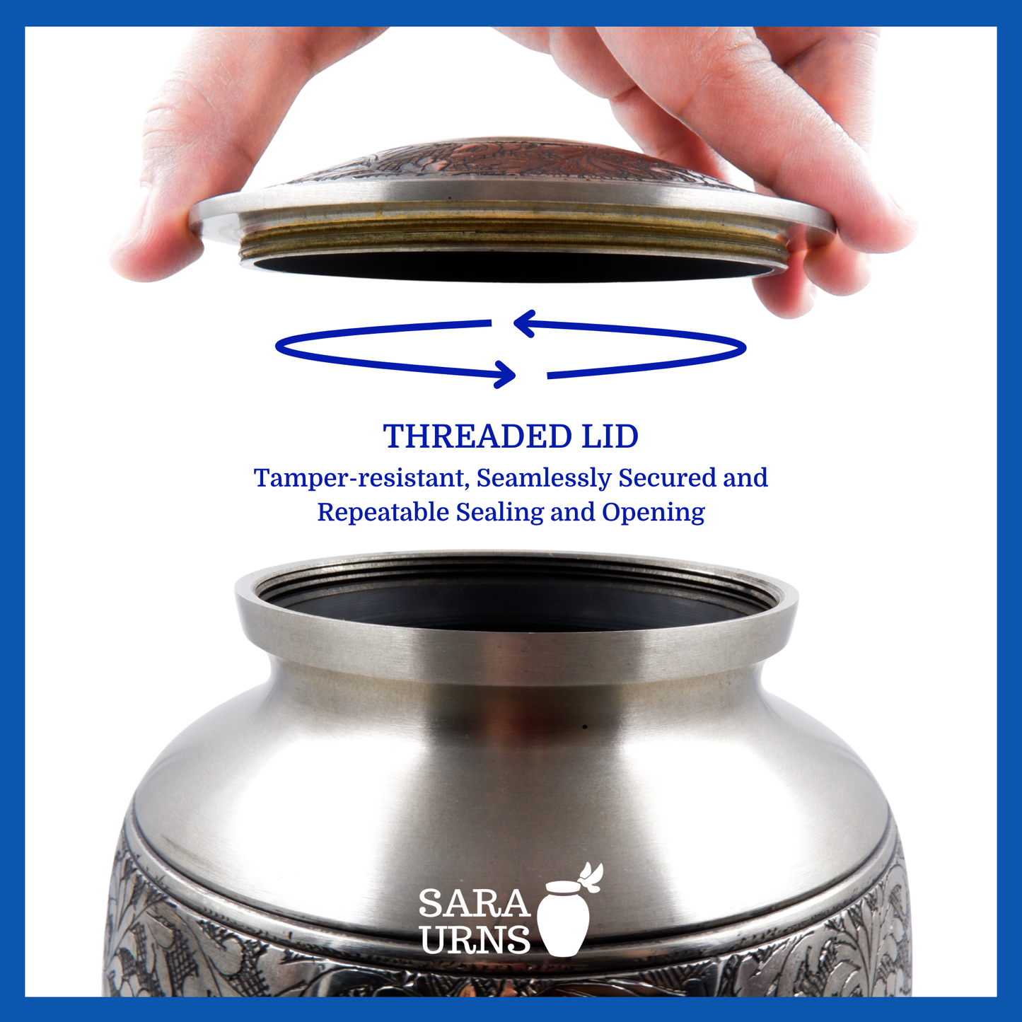 A silver polished brass metal urn’s threaded lid which highlights its safety and security.