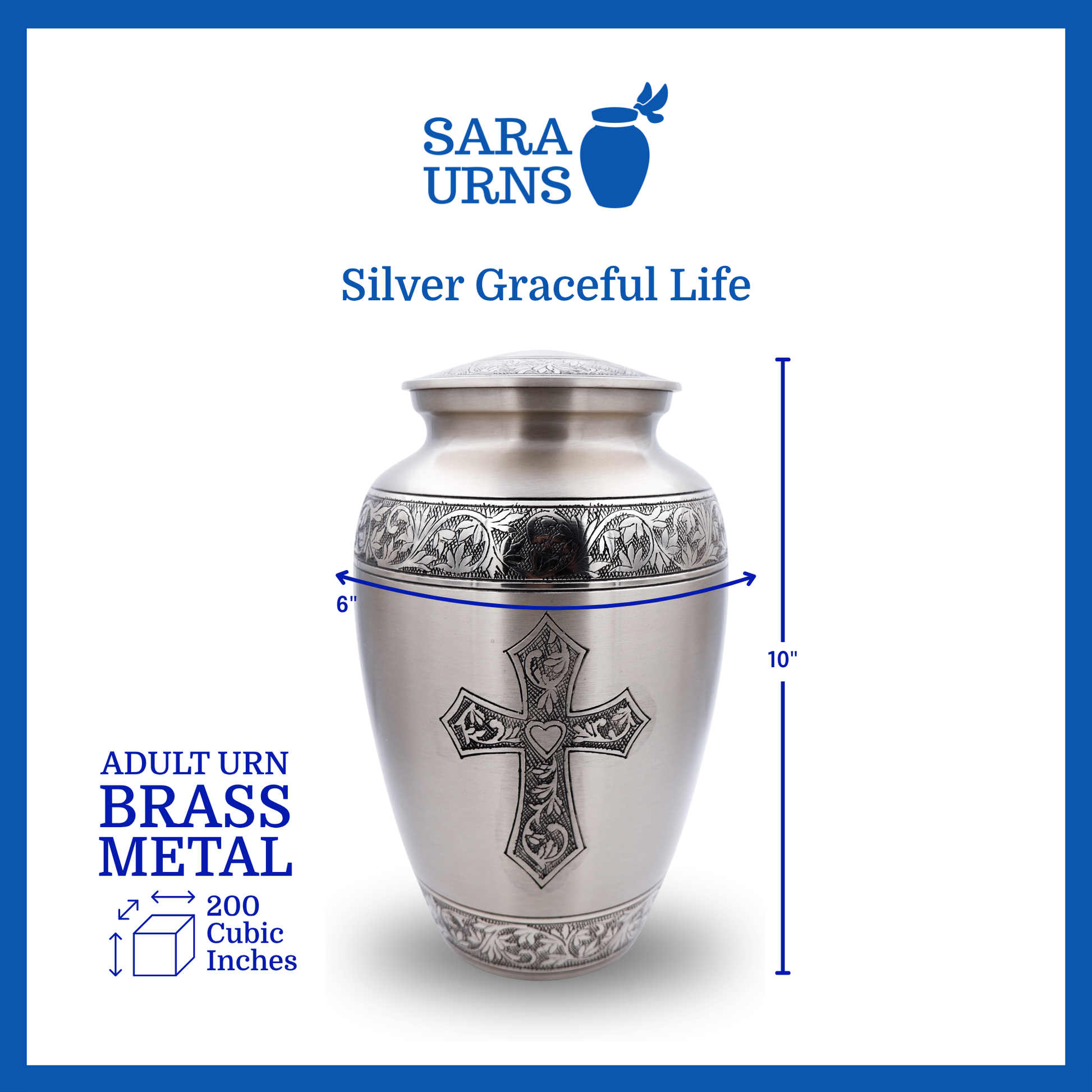 A silver polished brass metal urn with a hand-etched holy cross that is specified as 6 inches in diameter, 10 inches tall and is 200 cubic inches.