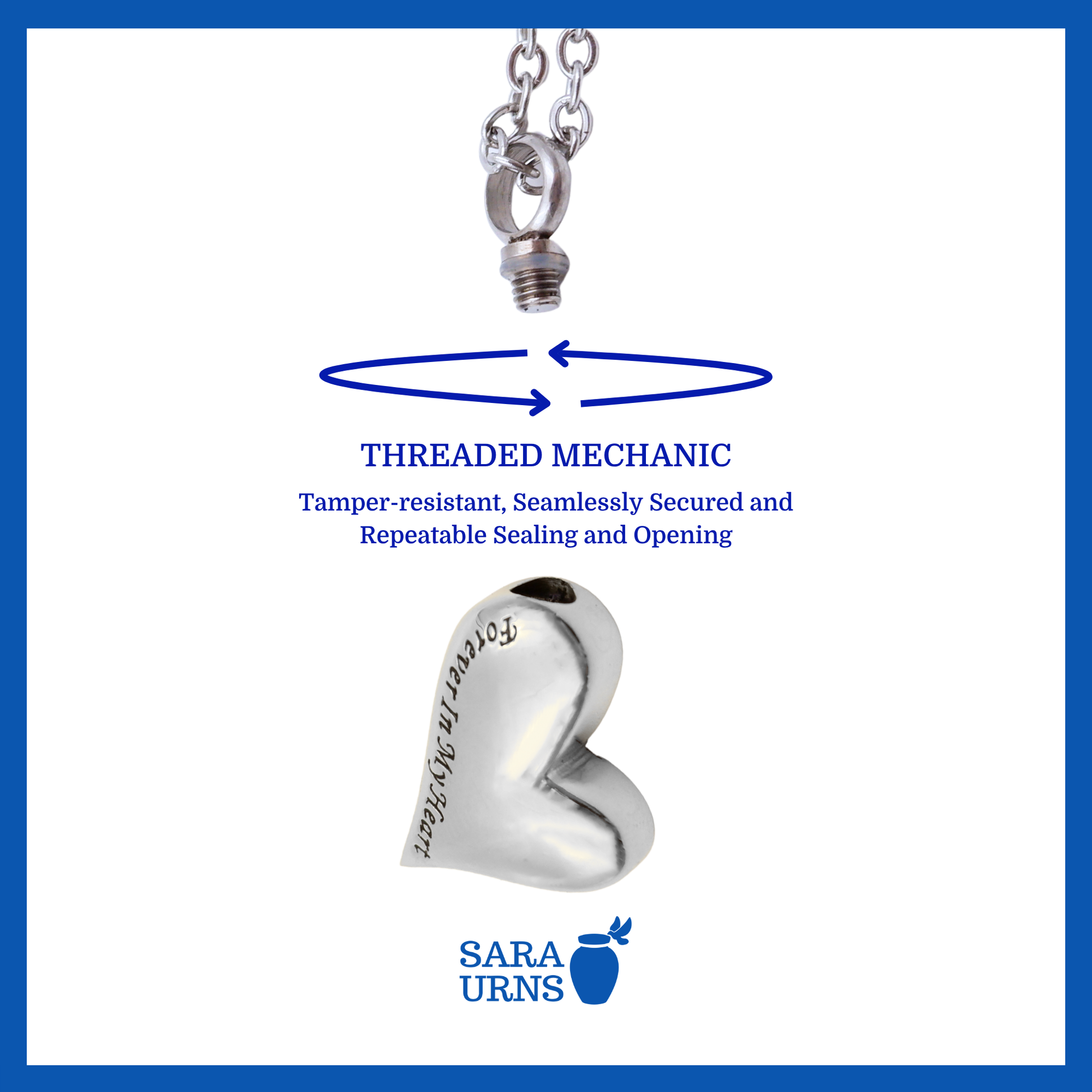 A presentation of a uniquely heart-shaped, silver ash necklace’s threaded lid which highlights its safety and security.