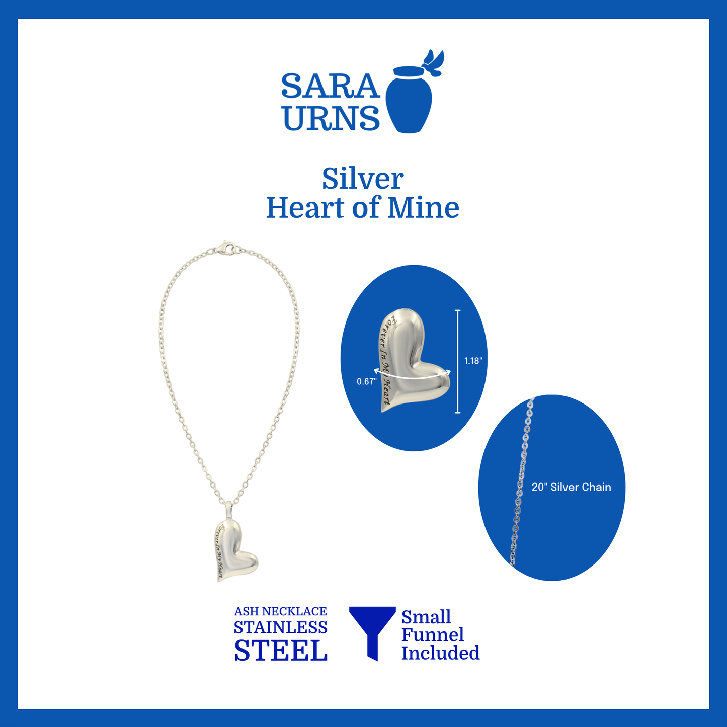 A presentation of a silver ash necklace’s pendant with a unique heart shape that is specified as 0.67 inches in width and 1.18 inches in height with a 20-inch chain.