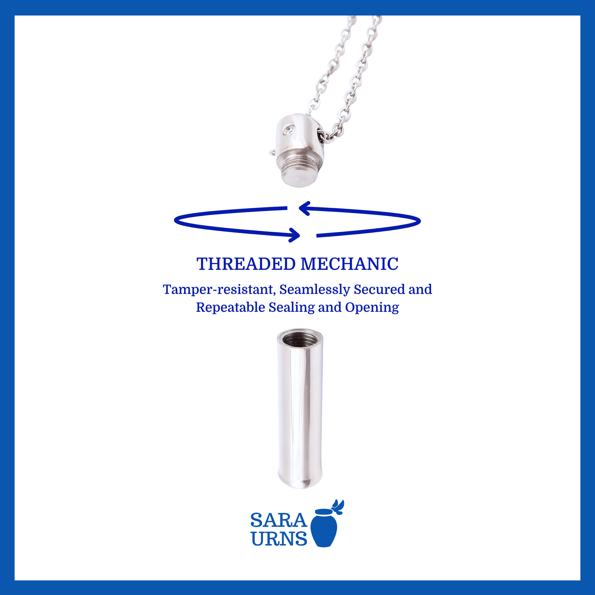 A presentation of a silver cylinder ash necklace’s threaded lid which highlights its safety and security.