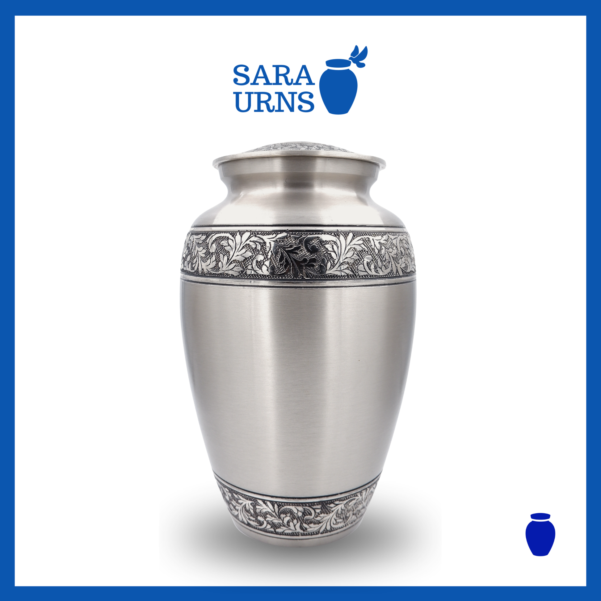 A silver polished brass metal urn with hand-etched details on its body and lid over white background.