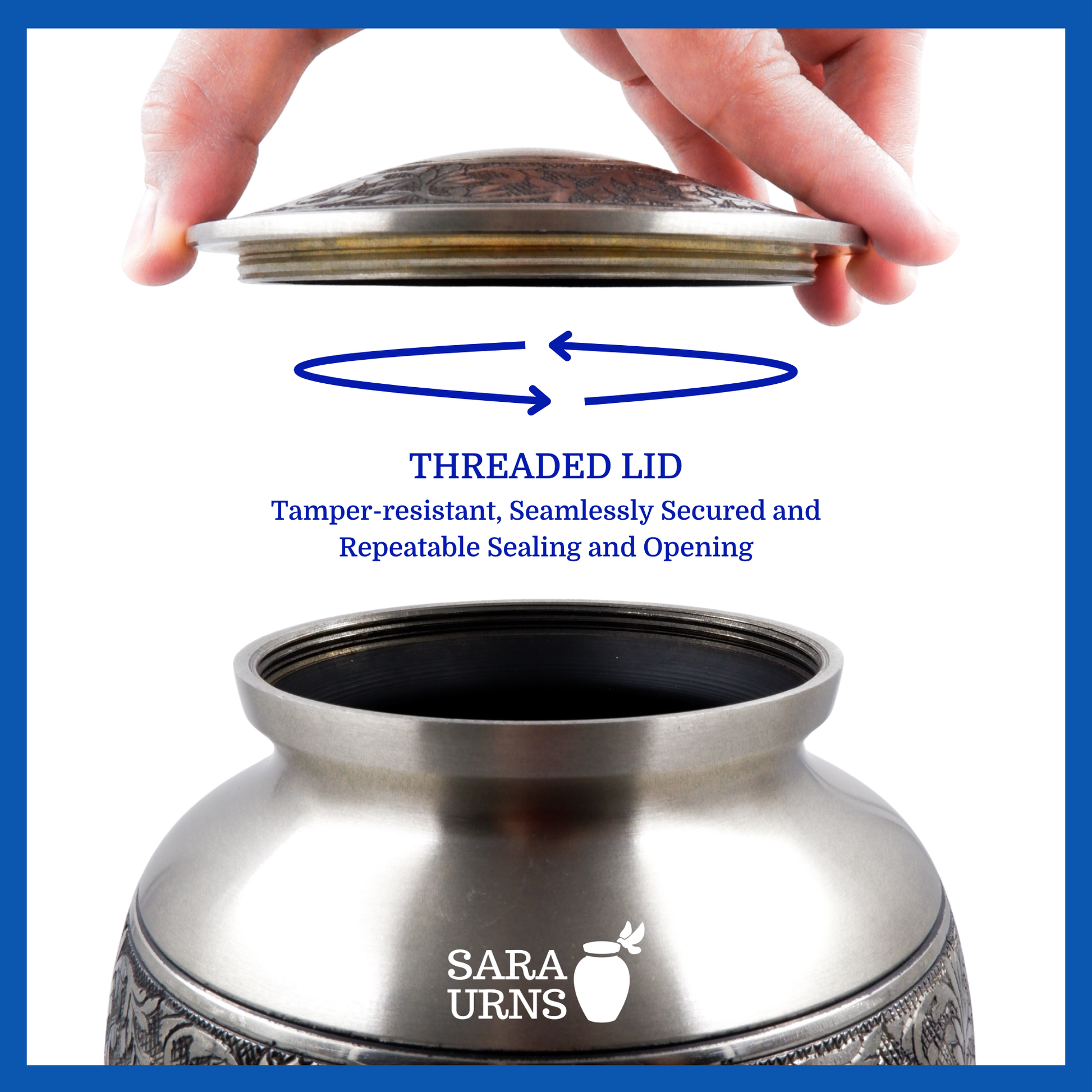 A presentation of a silver polished brass metal urn’s threaded mechanic which highlights its safety and security.