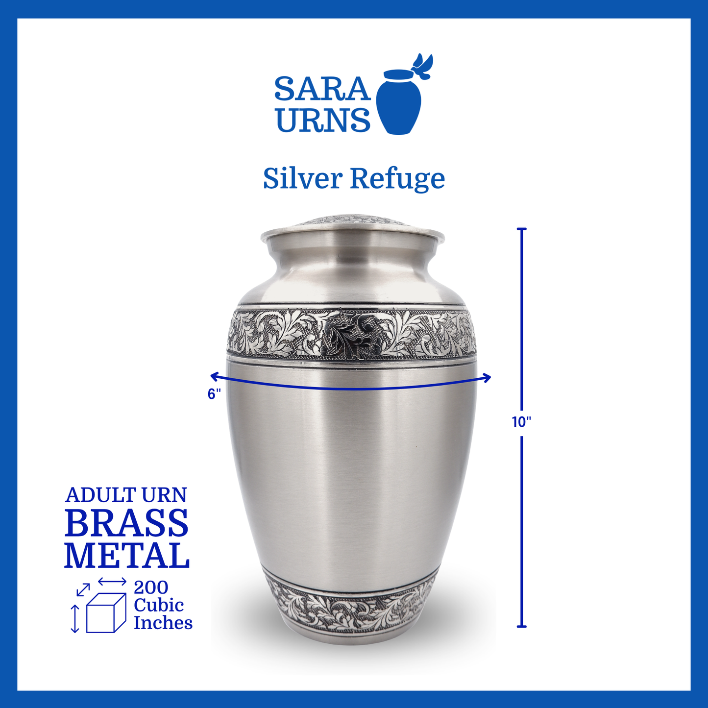 A silver polished brass metal urn with hand-etched details on its body and lid that is specified as 6 inches in diameter, 10 inches tall and is 200 cubic inches.