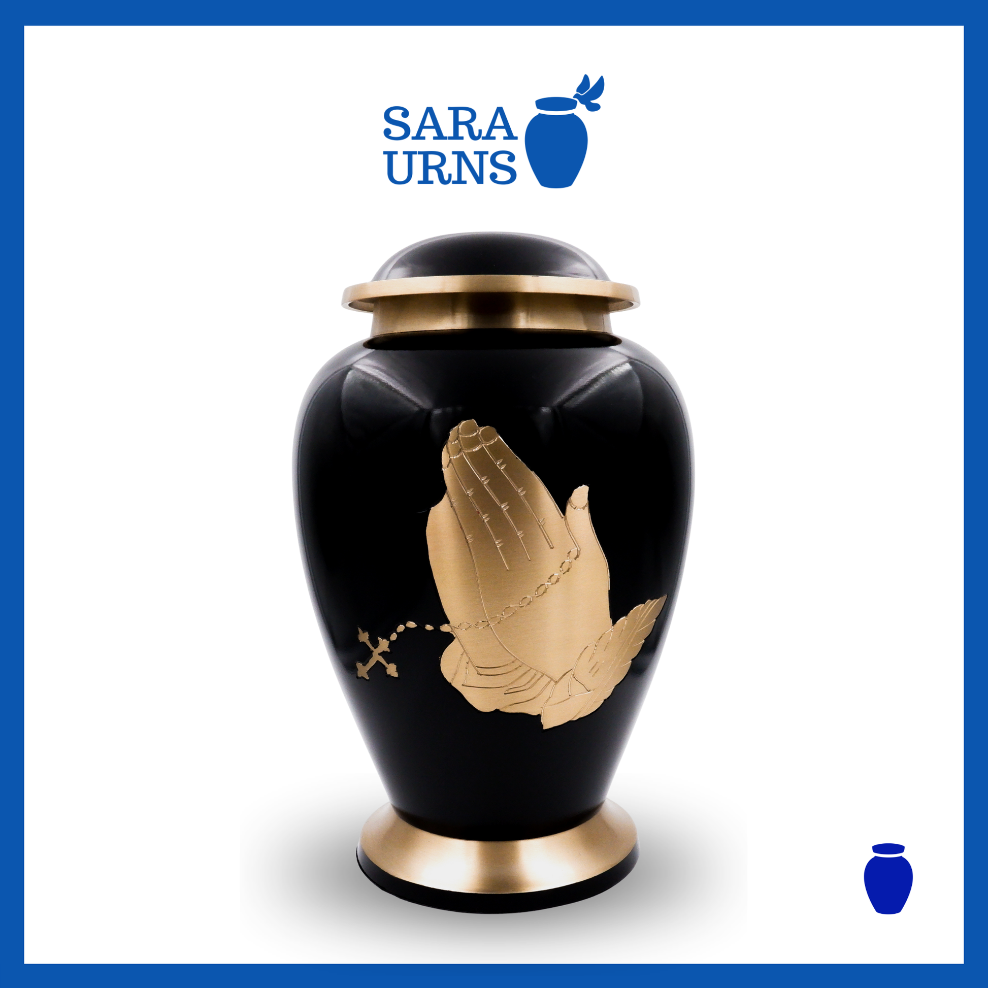 A black polished brass metal urn with a golden, hand-etched detail of praying with a rosary over a white background.