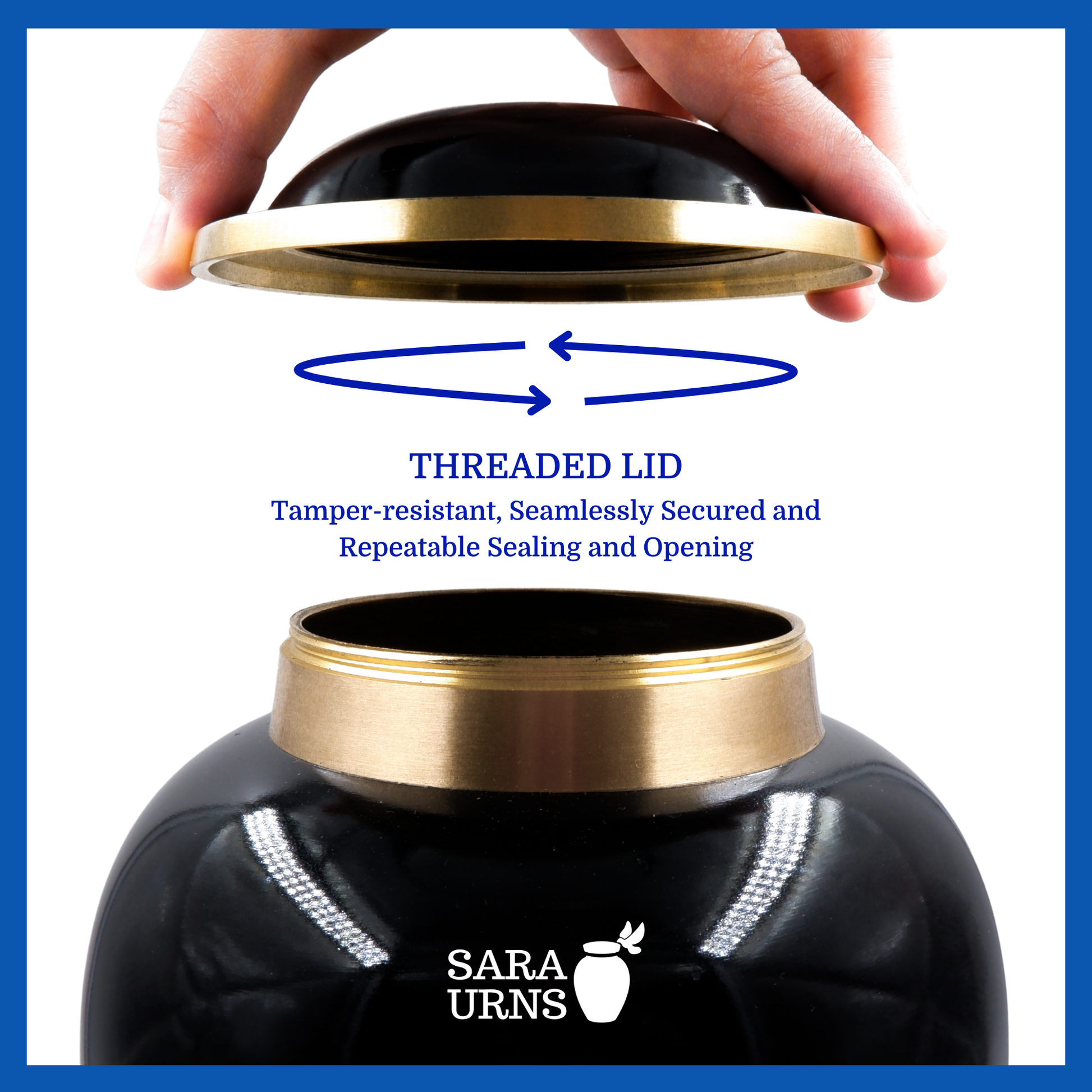A presentation of a black polished brass metal urn’s threaded lid which highlights its safety and security.