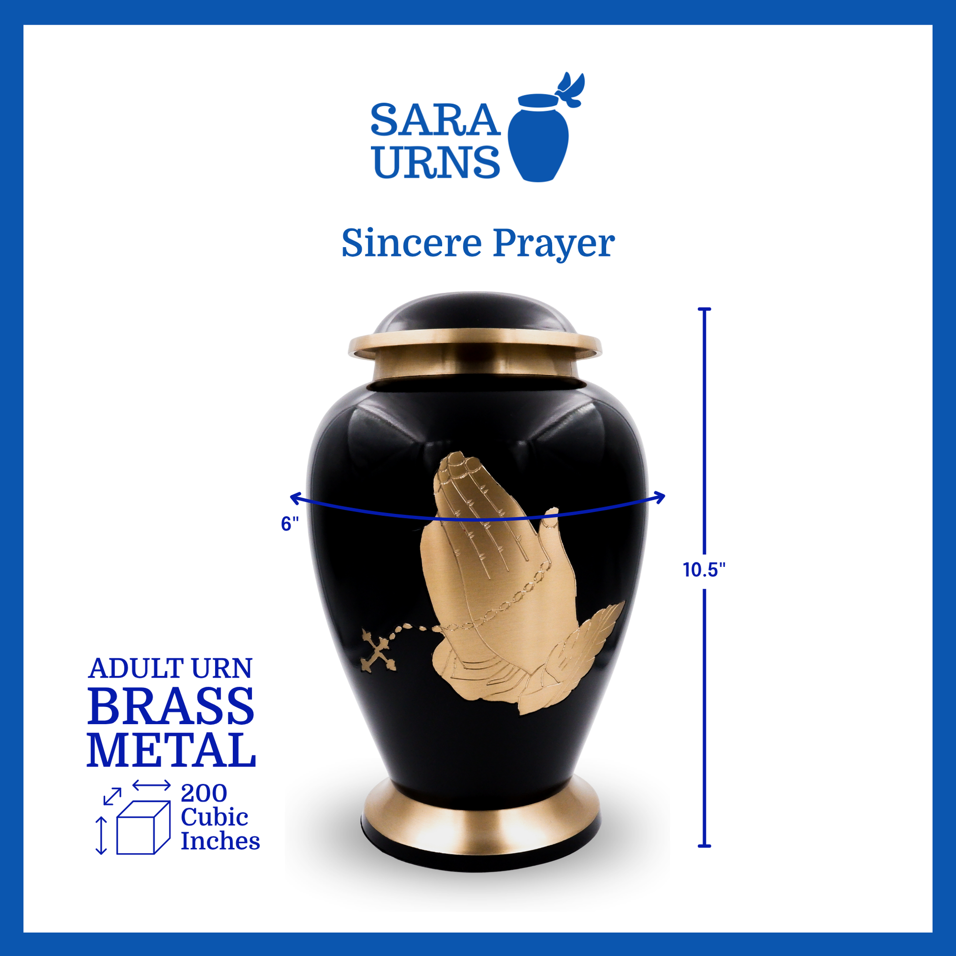 A black polished brass metal urn with a golden, hand-etched detail of praying with a rosary that is specified as 6 inches in diameter, 10.5 inches tall and is 200 cubic inches.