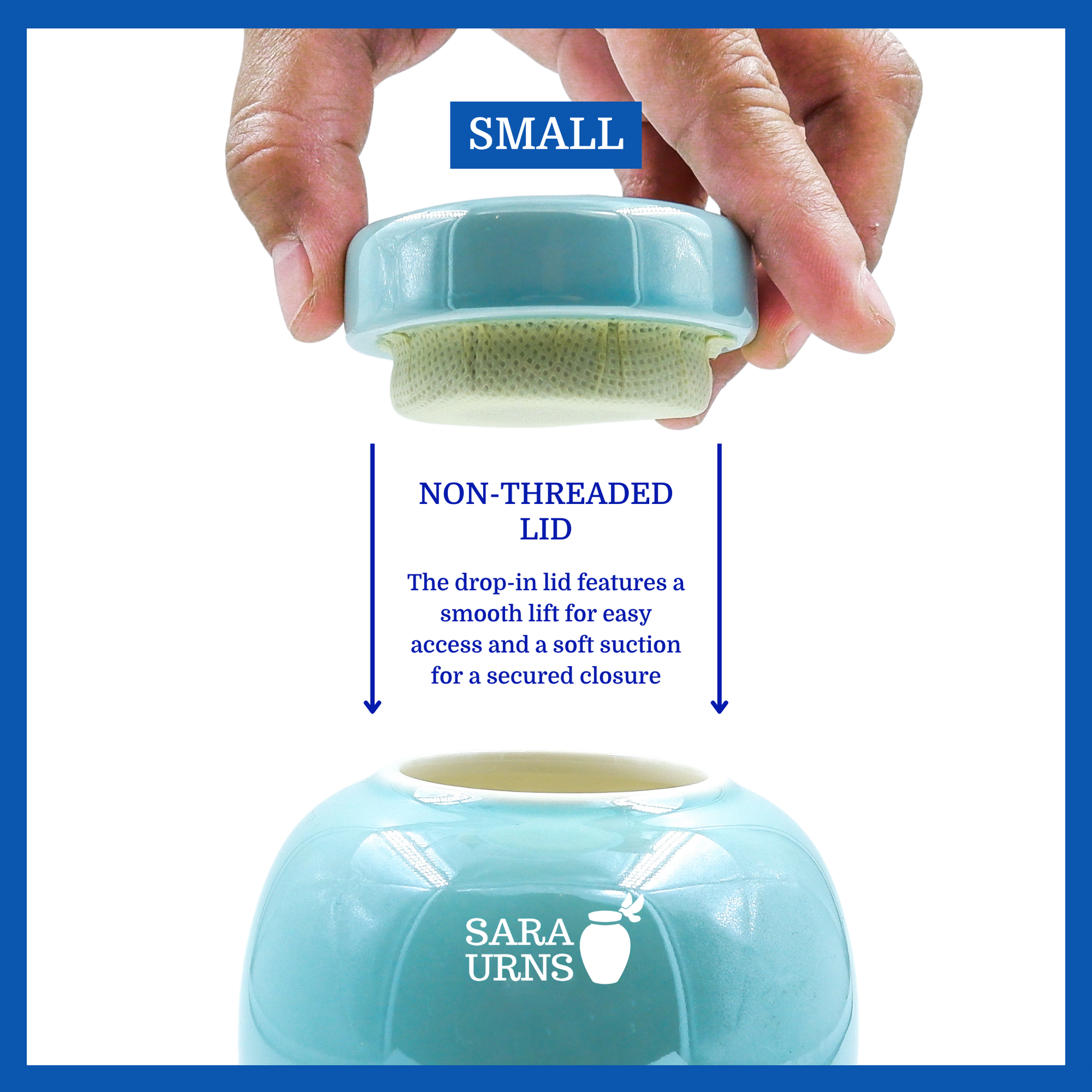 A presentation of a small, blue pearly ceramic pet urn’s non-threaded lid which highlights its accessibility.