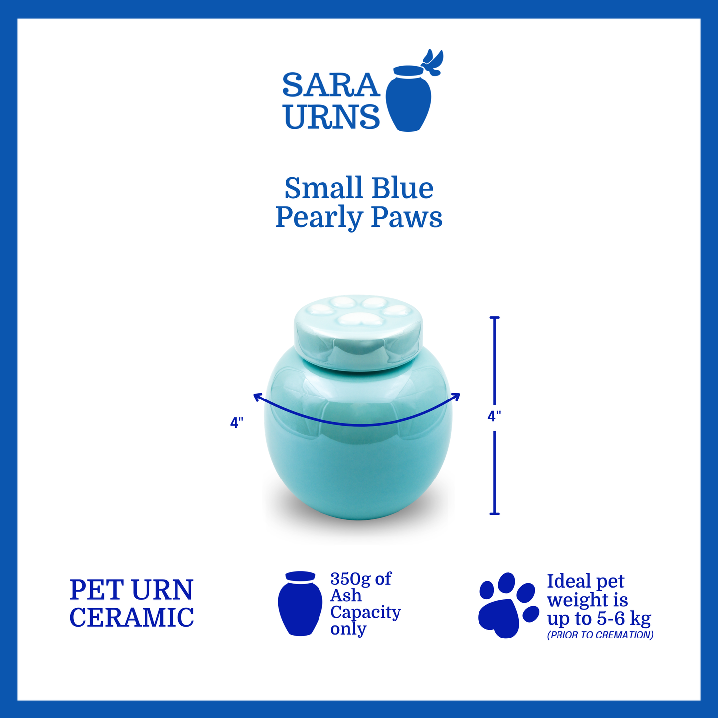 A blue ceramic pet urn that is specified as 4 inches in width and  4 inches tall with an ash capacity of 350 grams.