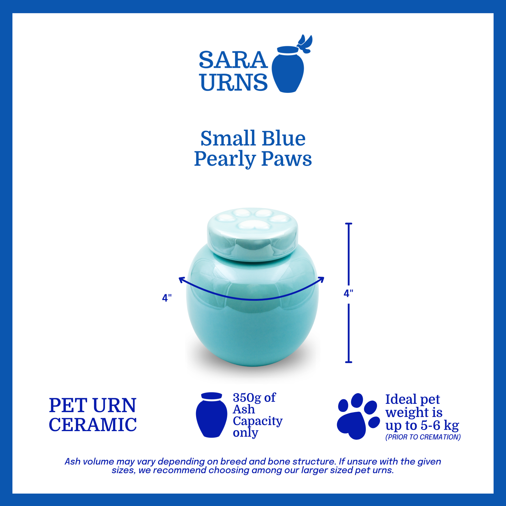 A small, blue ceramic pet urn that is specified as 4 inches in width and  4 inches tall with an ash capacity of 350 grams.