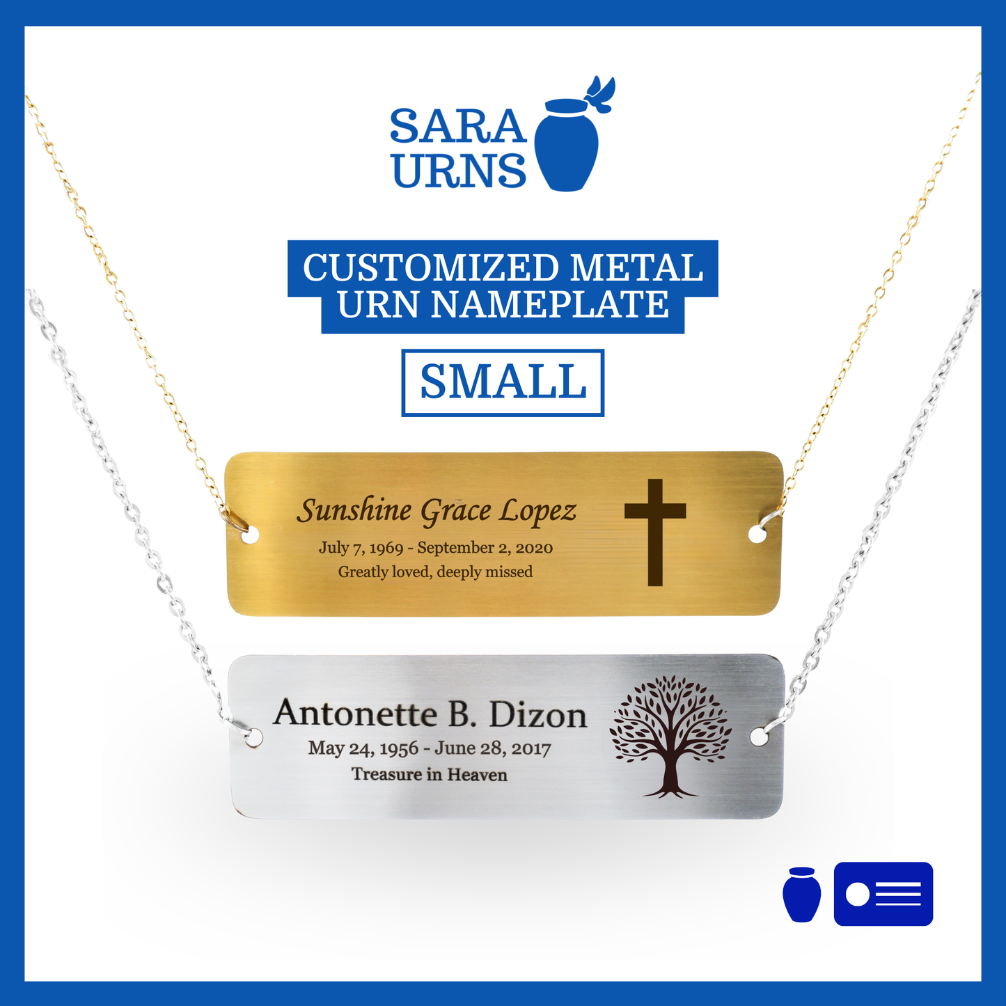 A gold and silver small urn nameplate that is showcased against a white background.