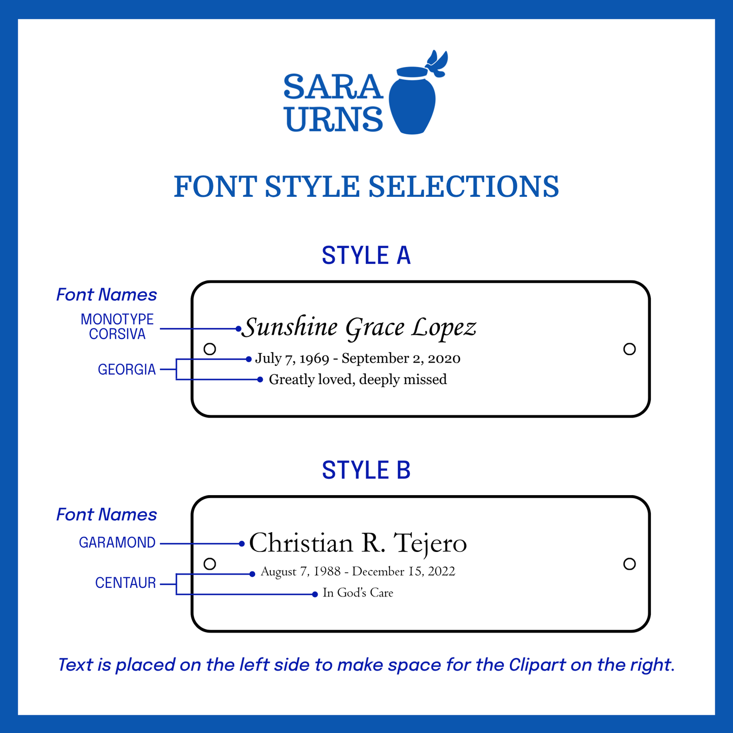 A selection of font styles in Style A and Style B for the small urn nameplate.