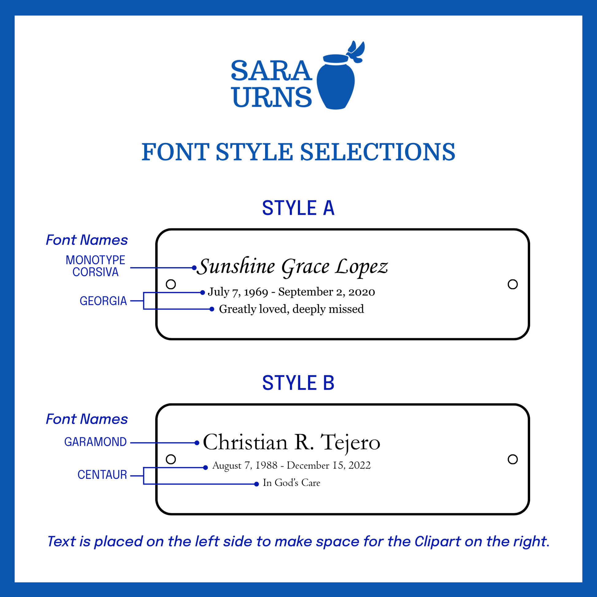 A selection of font styles in Style A and Style B for the small urn nameplate.