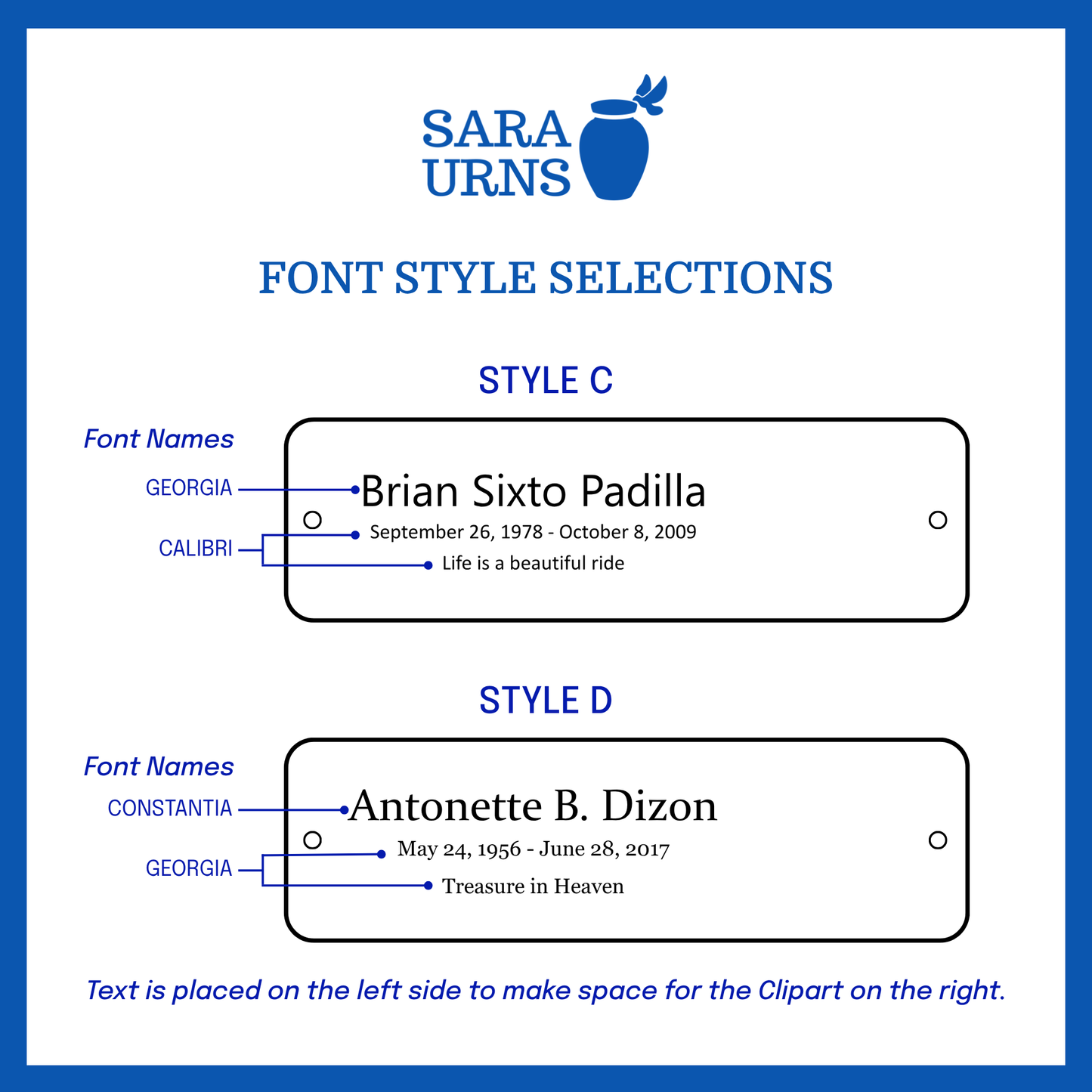 A selection of font styles in Style C and Style D for the small urn nameplate.
