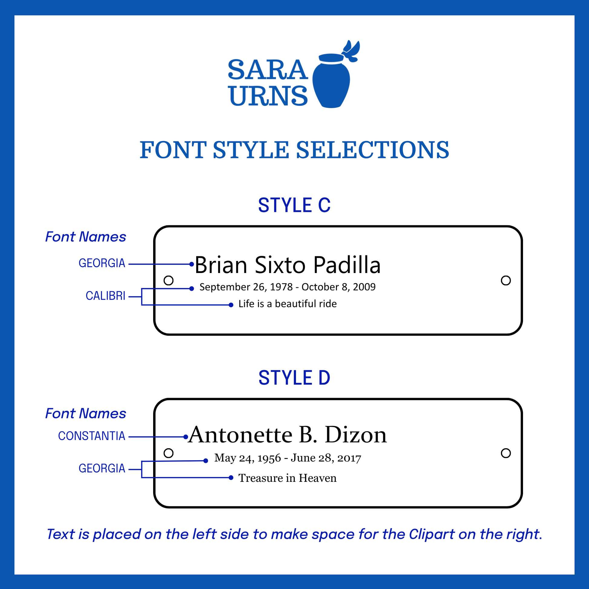 A selection of font styles in Style C and Style D for the small urn nameplate.