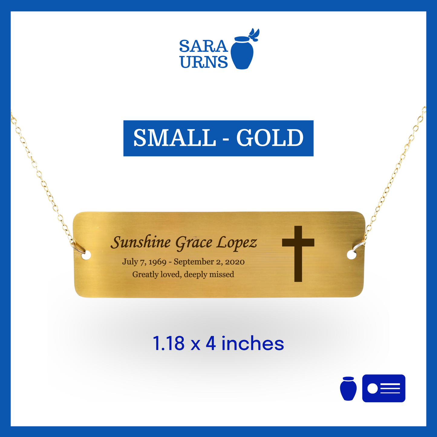 A gold small urn nameplate that is showcased against a white background.