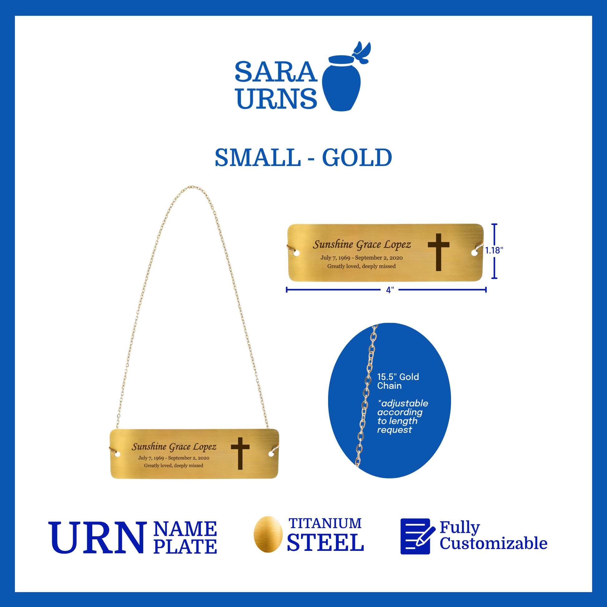 A gold small urn nameplate that is specified as 4 inches in width and 1.18 inches tall with a chain of 15.5 inches in length.