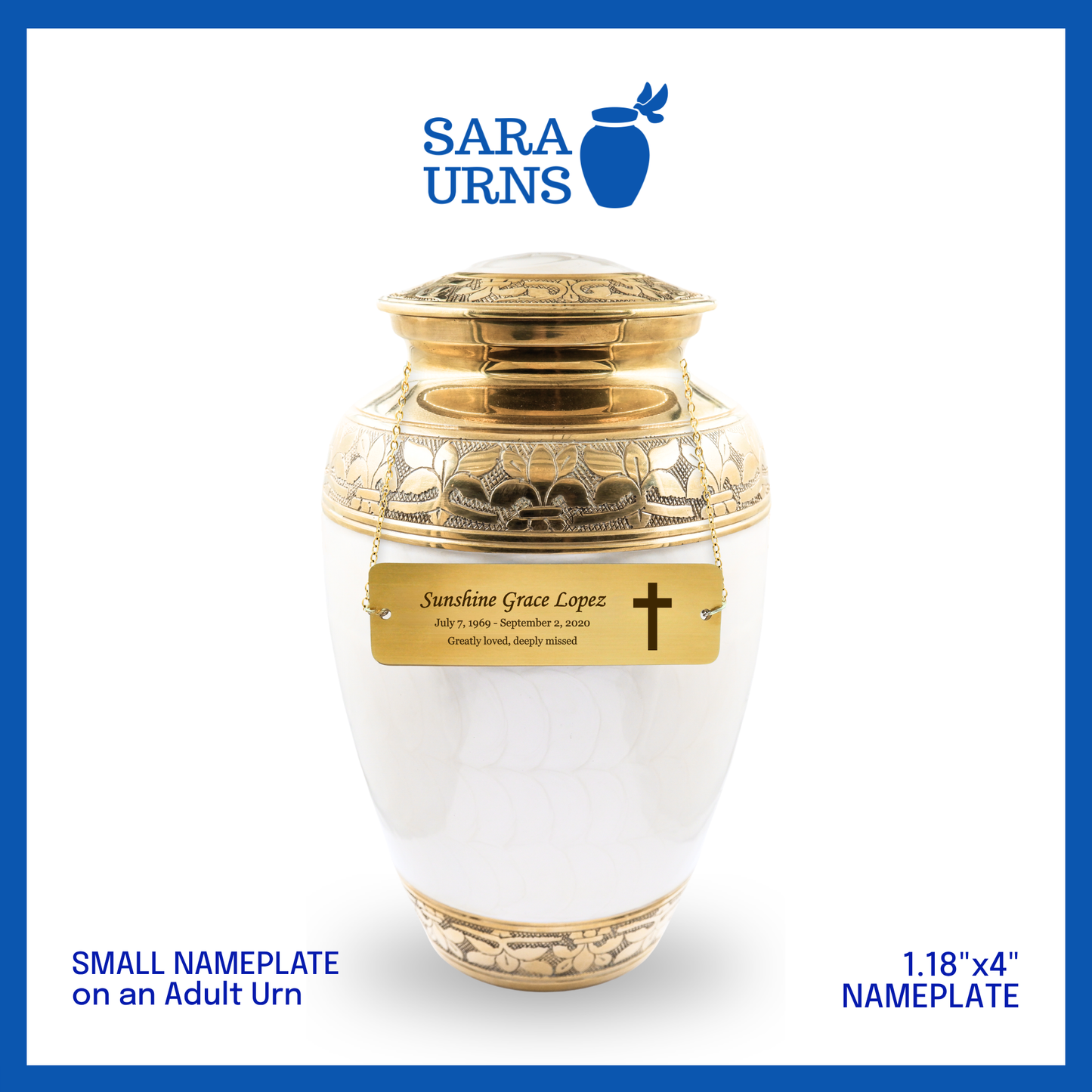 A gold small urn nameplate placed in a standard urn that is showcased against a white background.