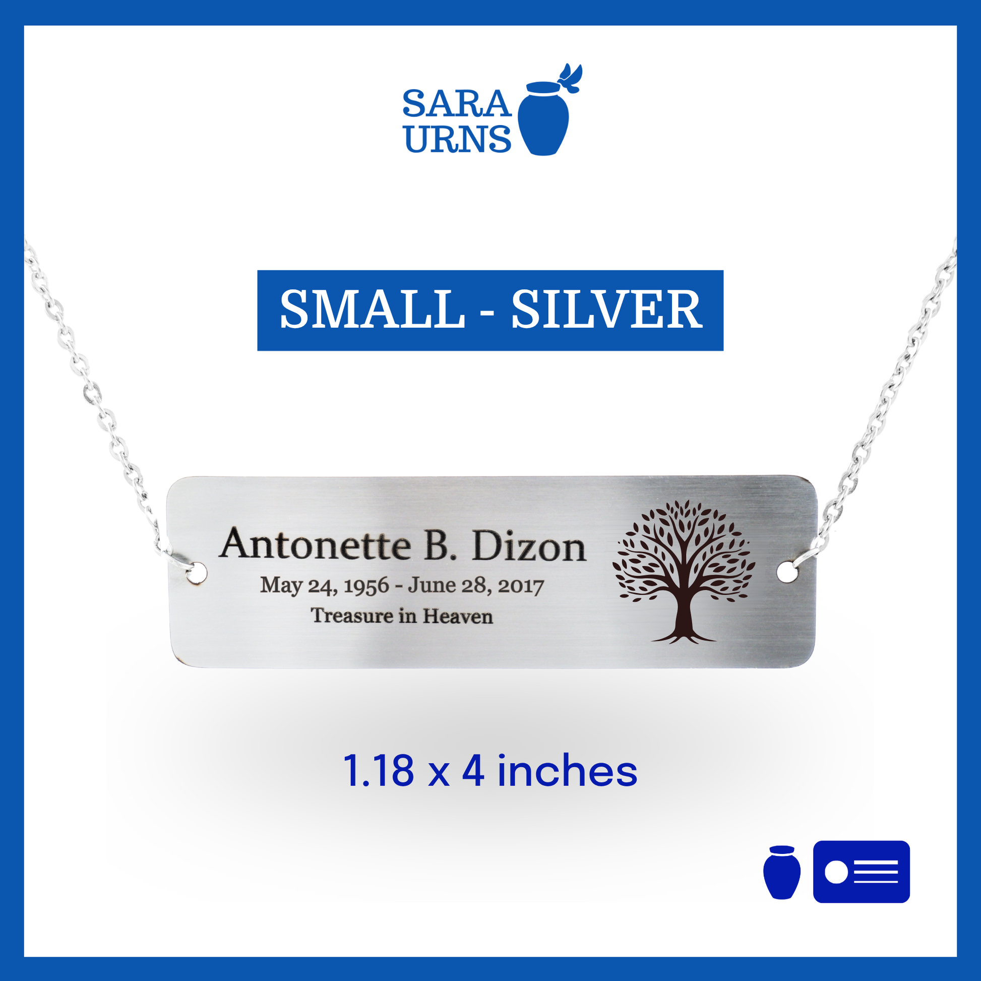 A silver small urn nameplate that is showcased against a white background.