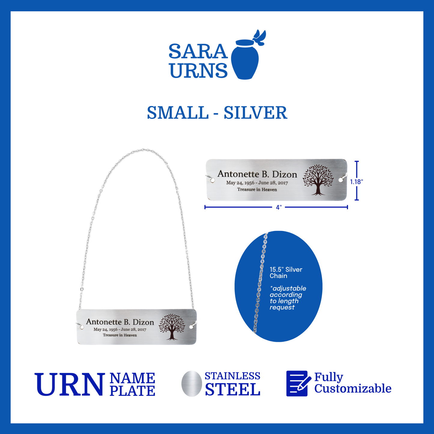 A silver small urn nameplate that is specified as 4 inches in width and 1.18 inches tall with a chain of 15.5 inches in length.