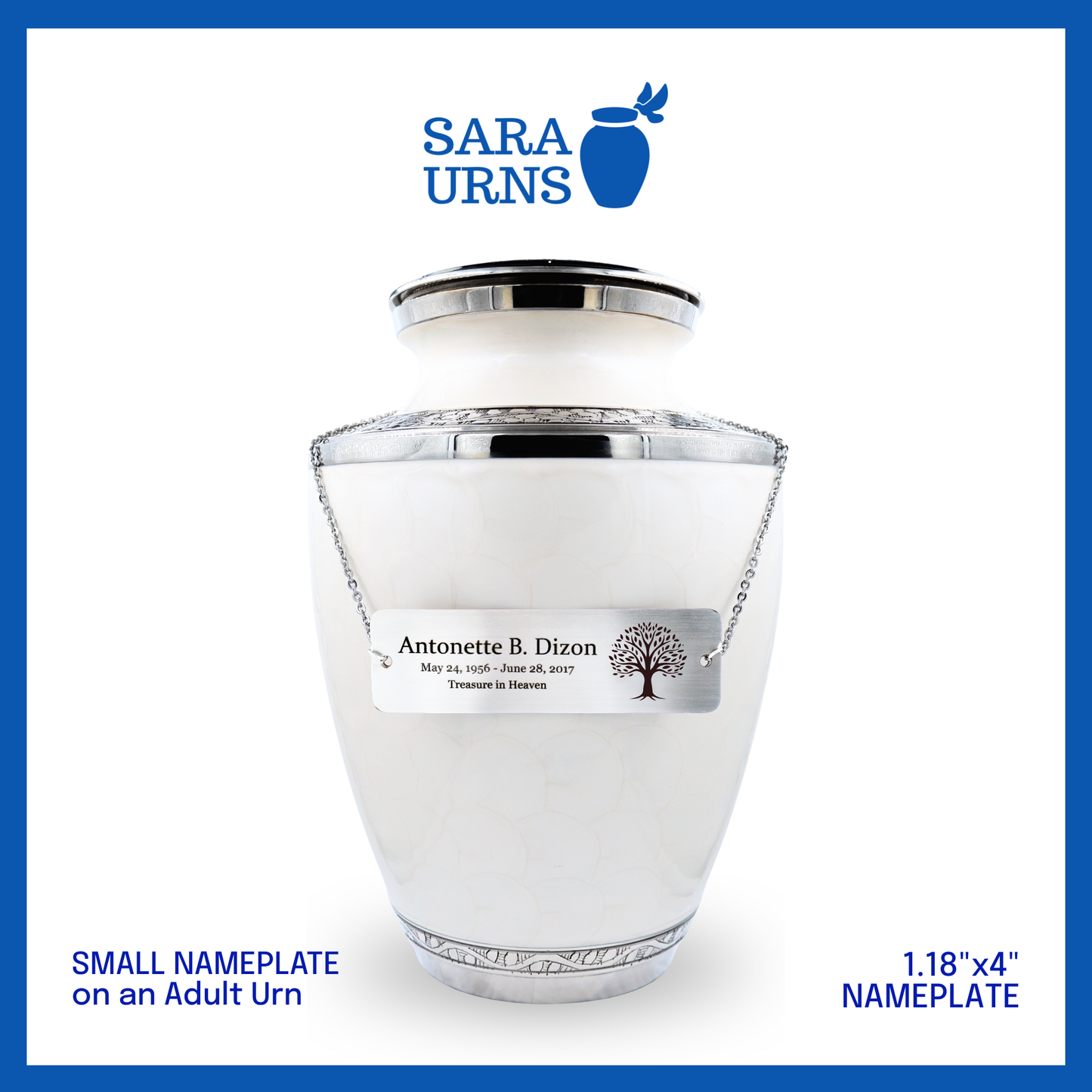 A silver small urn nameplate placed in a standard urn that is showcased against a white background.