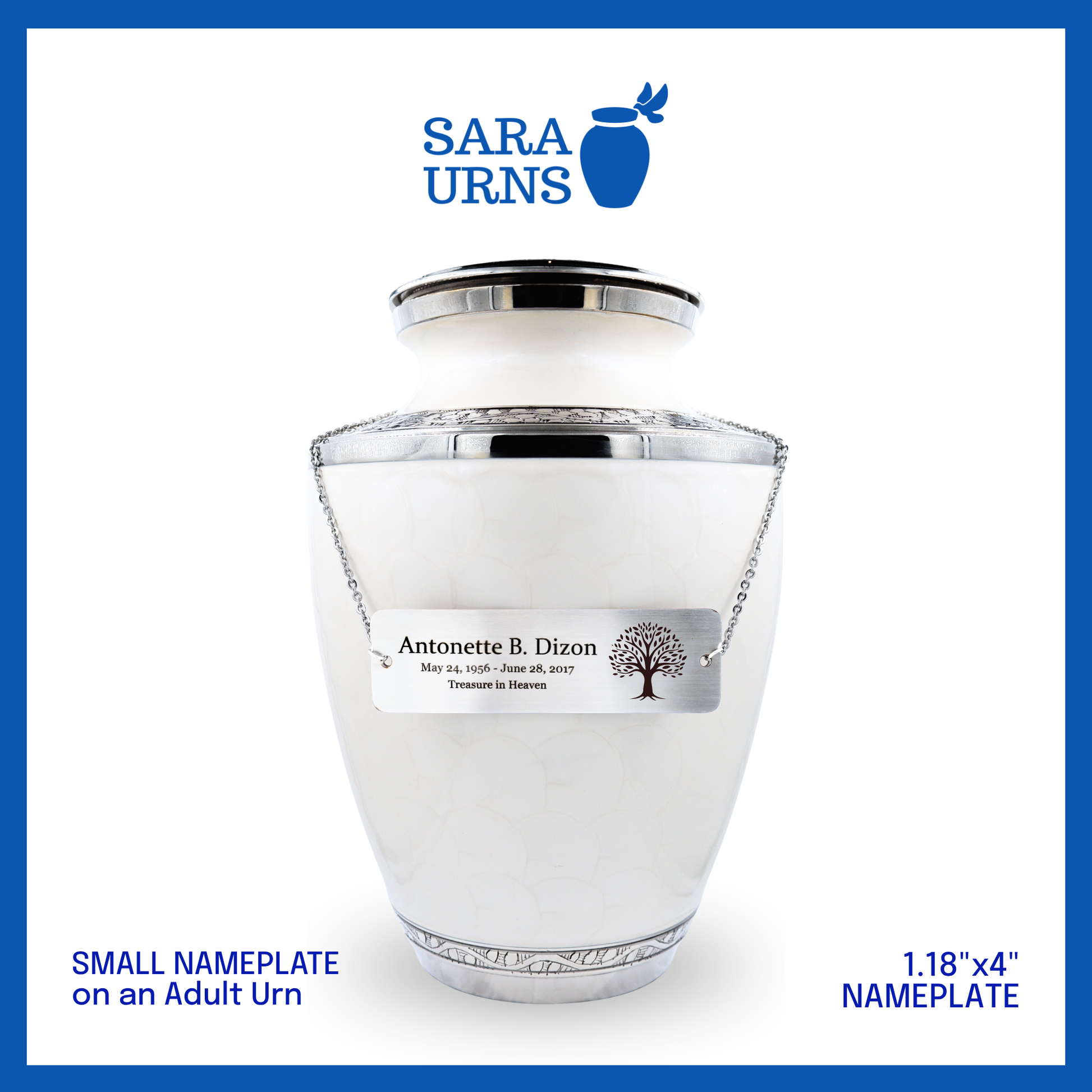 A silver small urn nameplate placed in a standard urn that is showcased against a white background.