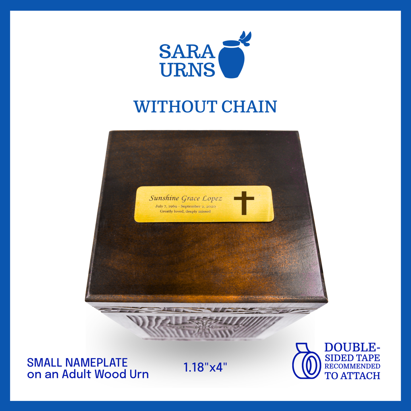 A presentation of a small urn nameplate without a chain placed on top of a wood urn.