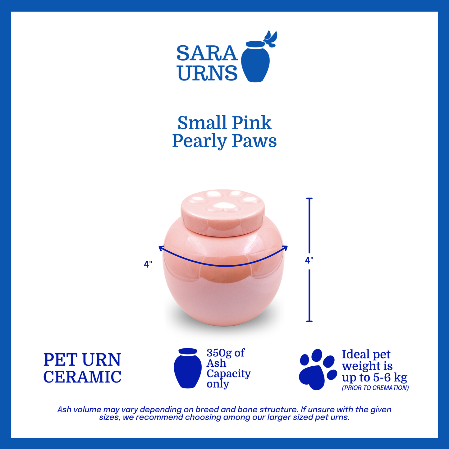 A small, pink ceramic pet urn that is specified as 4 inches in width and  4 inches tall with an ash capacity of 350 grams.