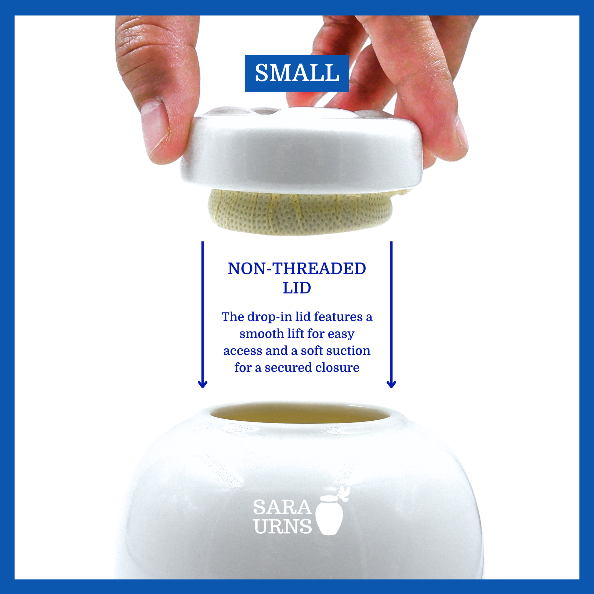A presentation of a small, white polished ceramic pet urn’s non-threaded lid which highlights its accessibility.