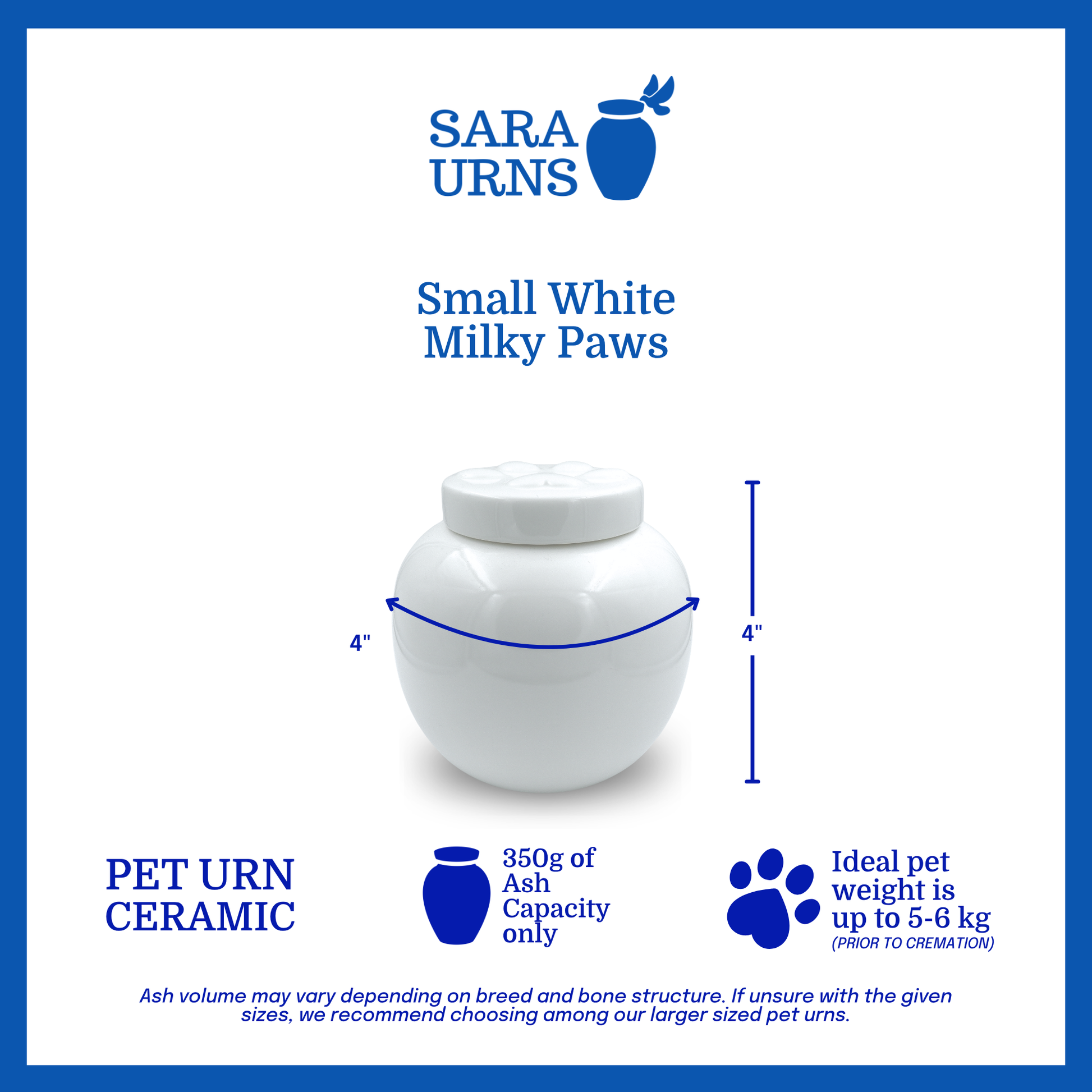 A small, white ceramic pet urn that is specified as 4 inches in width and  4 inches tall with an ash capacity of 350 grams.