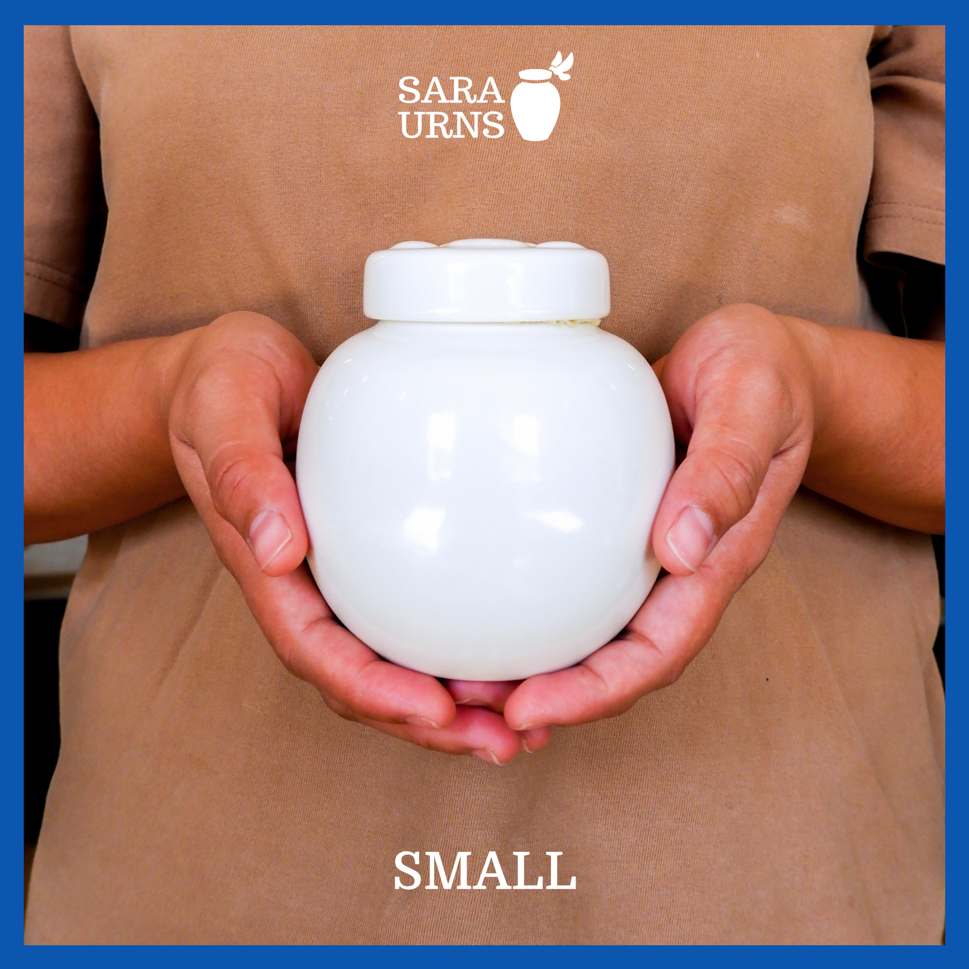 A presentation of a small, white polished ceramic pet urn held by an adult woman with two palms.