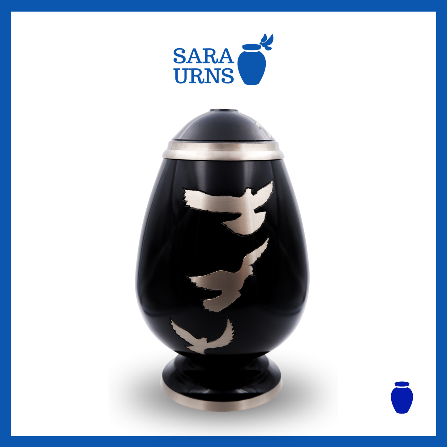 A black polished brass metal urn with a silver, hand-etched detail of soaring doves over a white background.