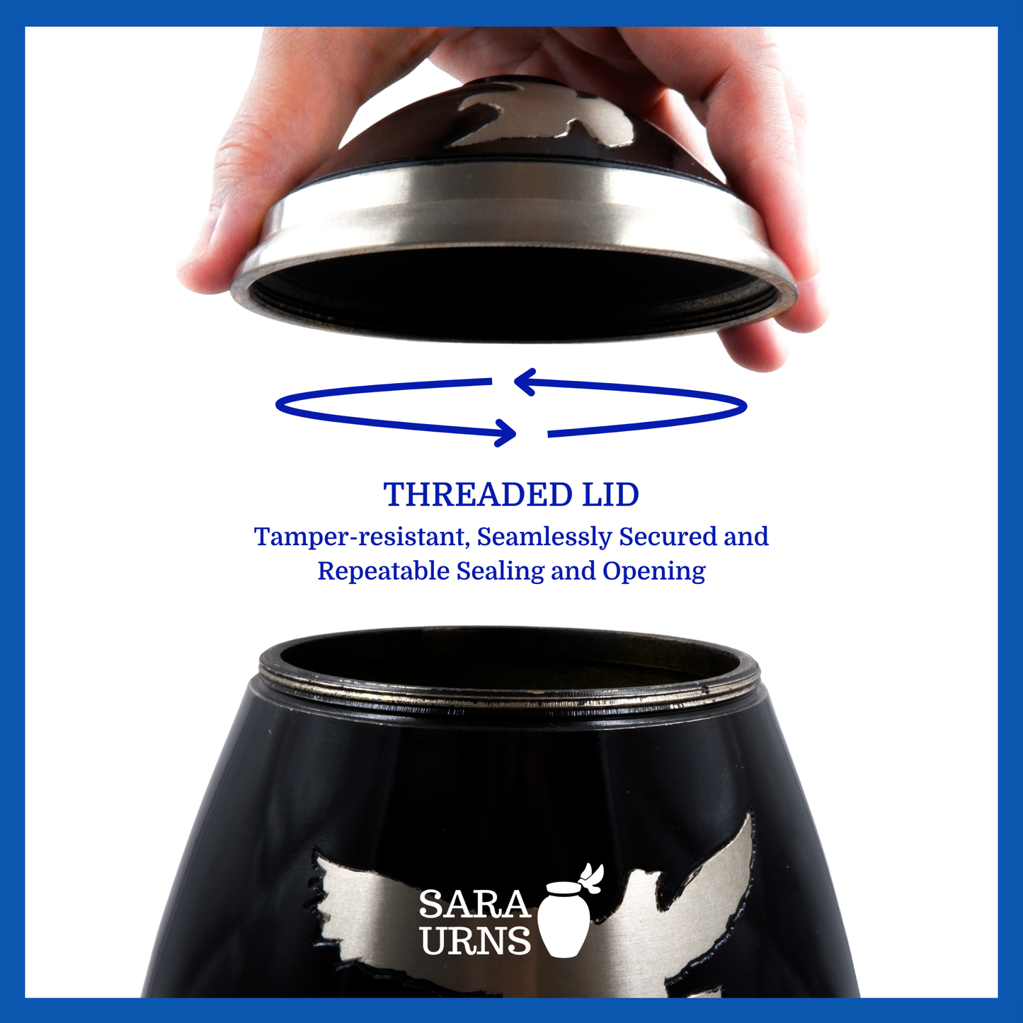 A presentation of a black polished brass metal urn’s threaded lid which highlights its safety and security.