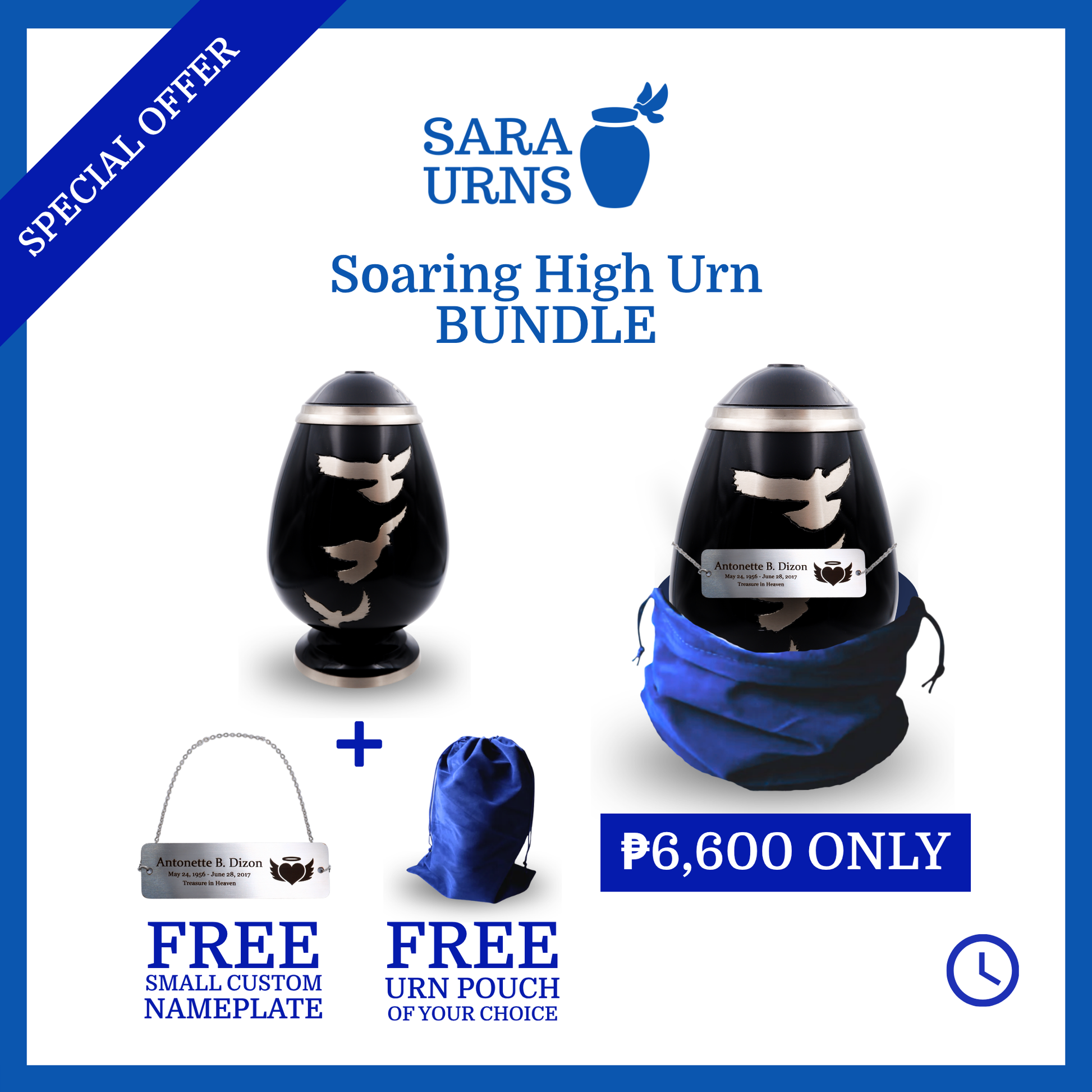 A presentation of a black polished brass metal urn that is bundled with a free small custom nameplate and free urn pouch for only 6,600 pesos.