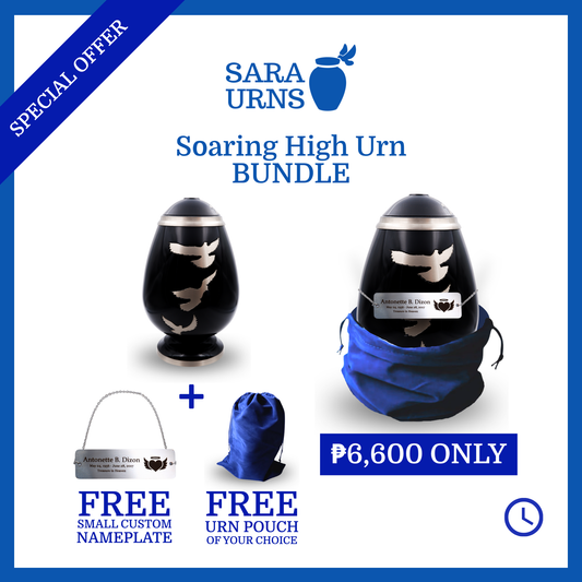 A presentation of a black polished brass metal urn that is bundled with a free small custom nameplate and free urn pouch for only 6,600 pesos.