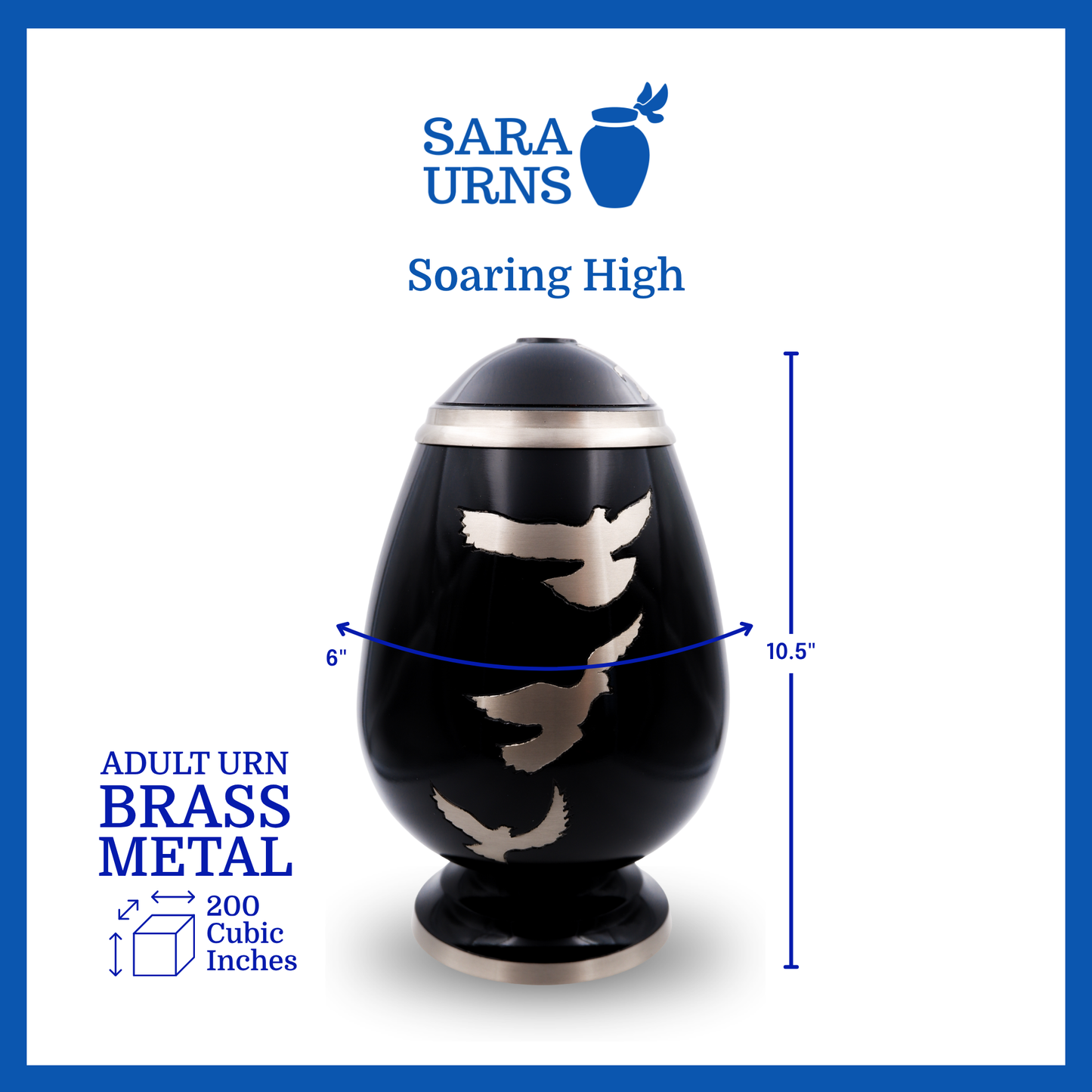 A black polished brass metal urn with a silver, hand-etched detail of soaring doves that is specified as 6 inches in diameter, 10.5 inches tall and is 200 cubic inches.