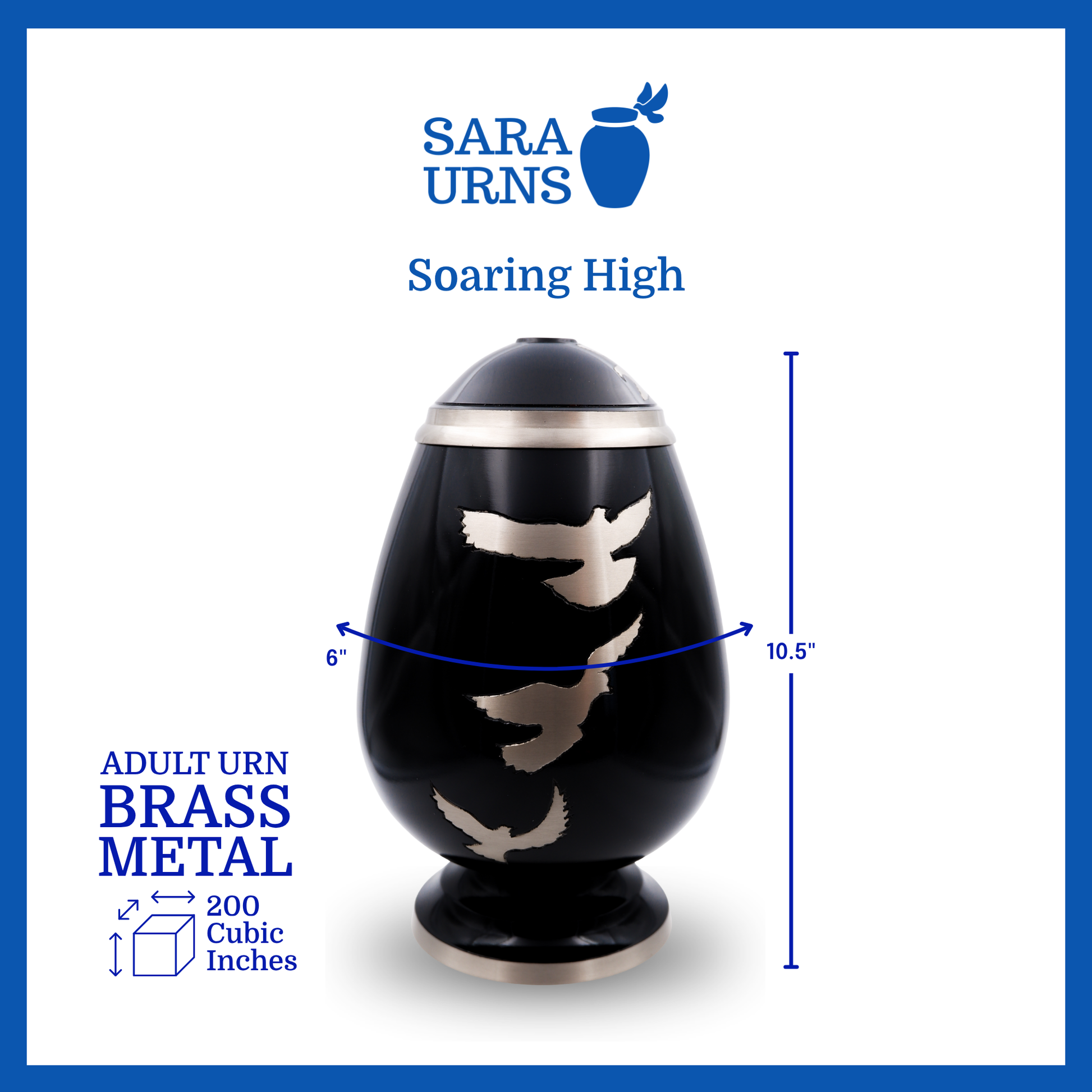 A black polished brass metal urn with a silver, hand-etched detail of soaring doves that is specified as 6 inches in diameter, 10.5 inches tall and is 200 cubic inches.