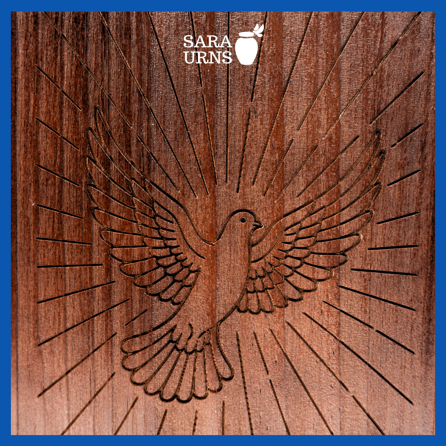 A close-up angle of a brown pine wooden urn with an intricate engraving of a dove over a white background.