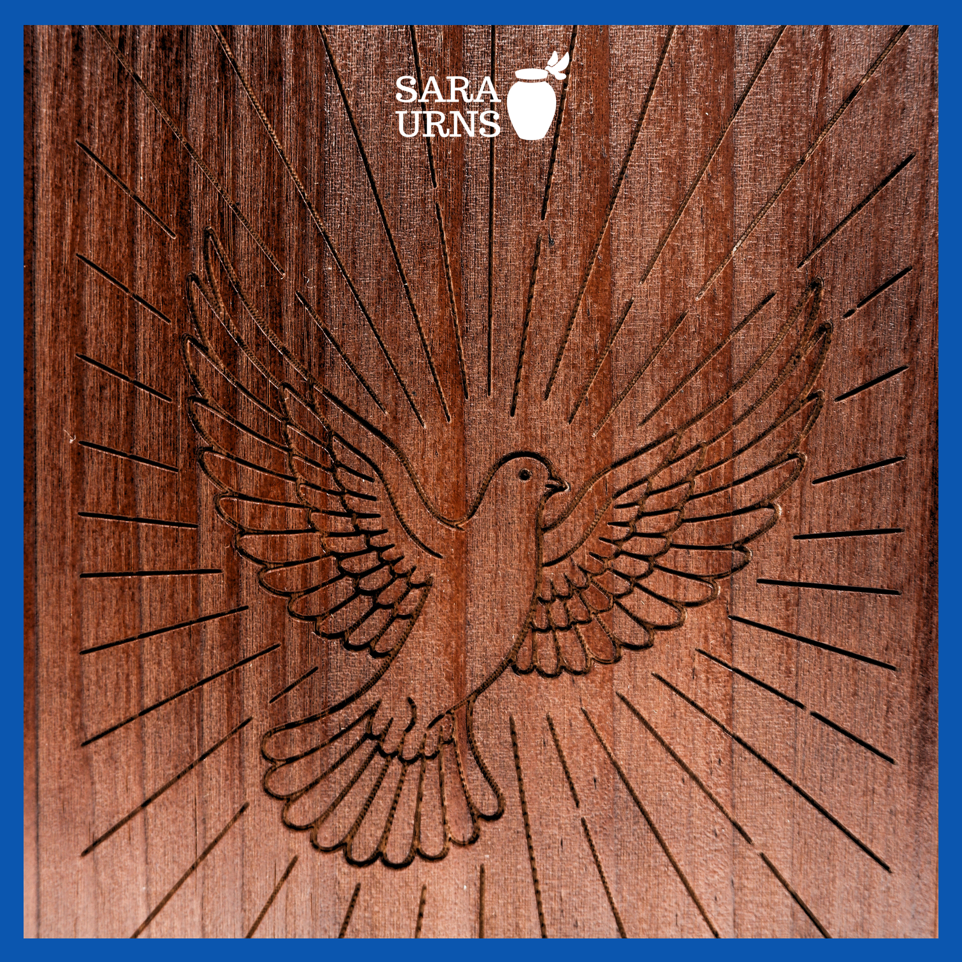 A close-up angle of a brown pine wooden urn with an intricate engraving of a dove over a white background.