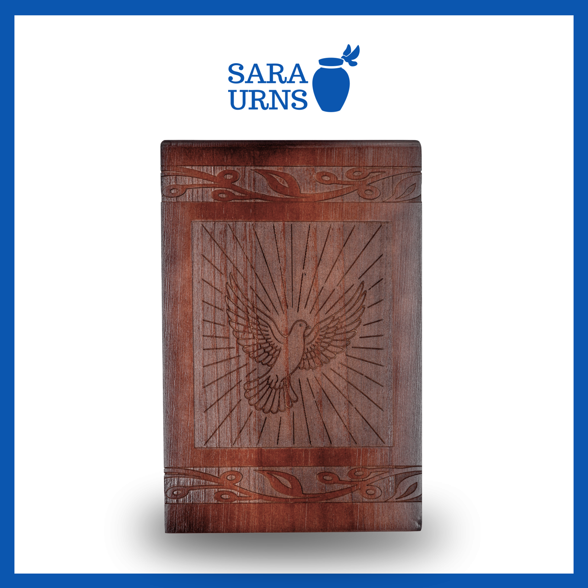 A front-facing shot of a brown pine wooden urn with an intricate engraving of a dove over a white background.