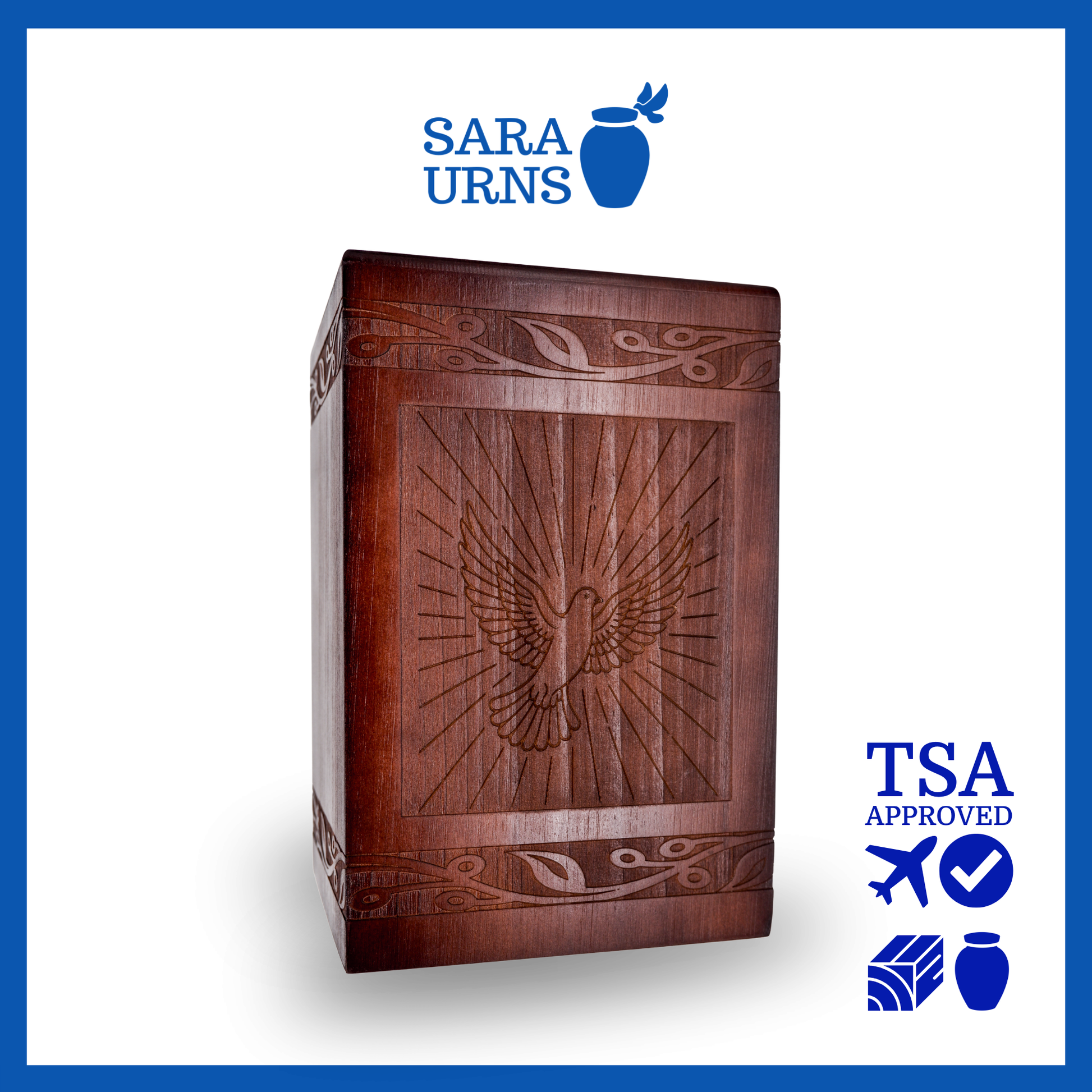 A brown pine wooden urn with an intricate engraving of a dove over a white background.