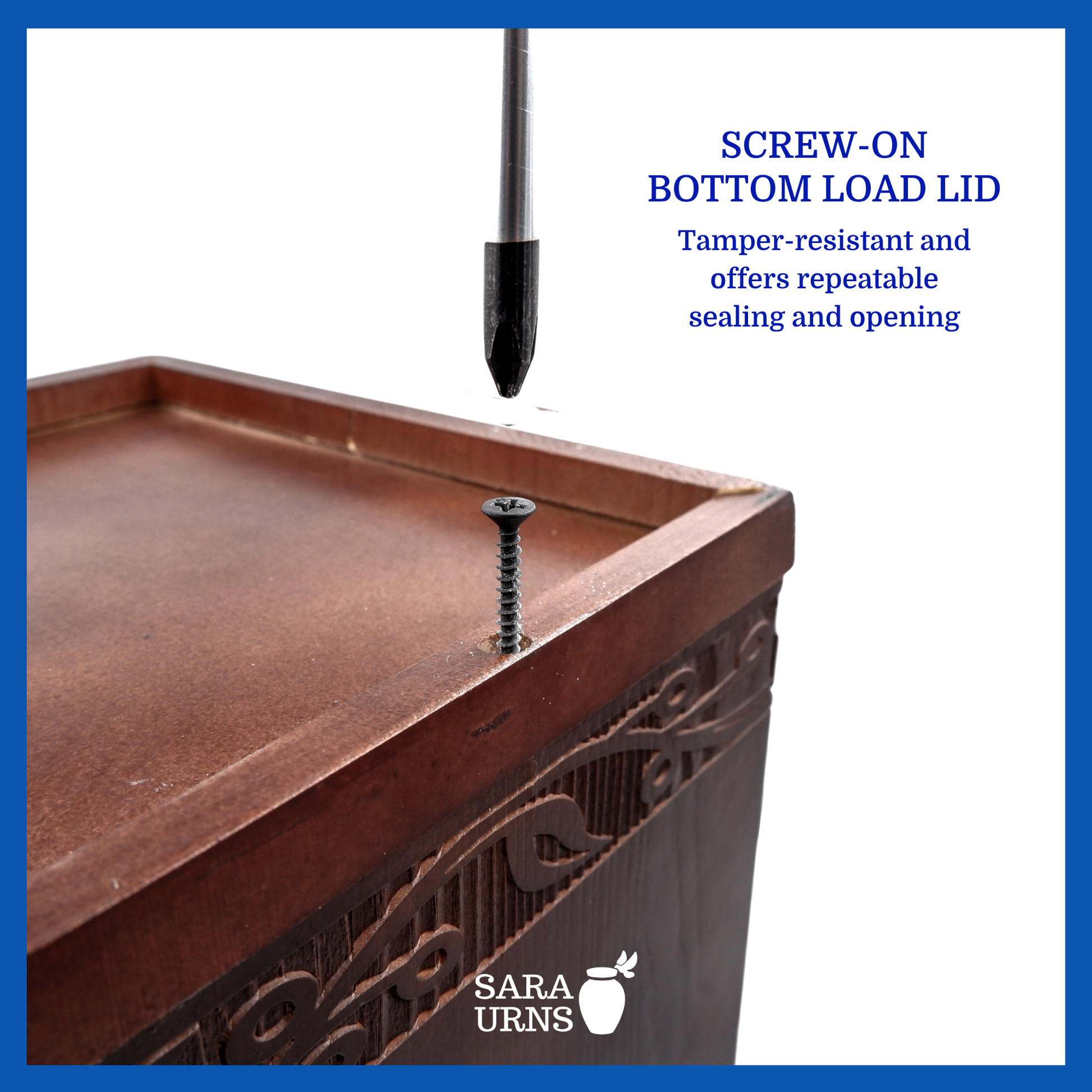 A presentation of a brown pine wooden urn’s screw-type lid which highlights its safety and security.