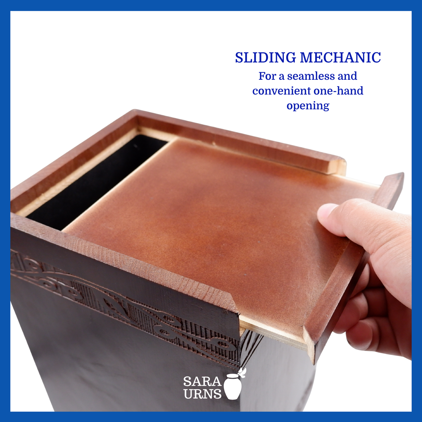 A presentation of a brown pine wooden urn’s sliding mechanic which highlights its seamless security.