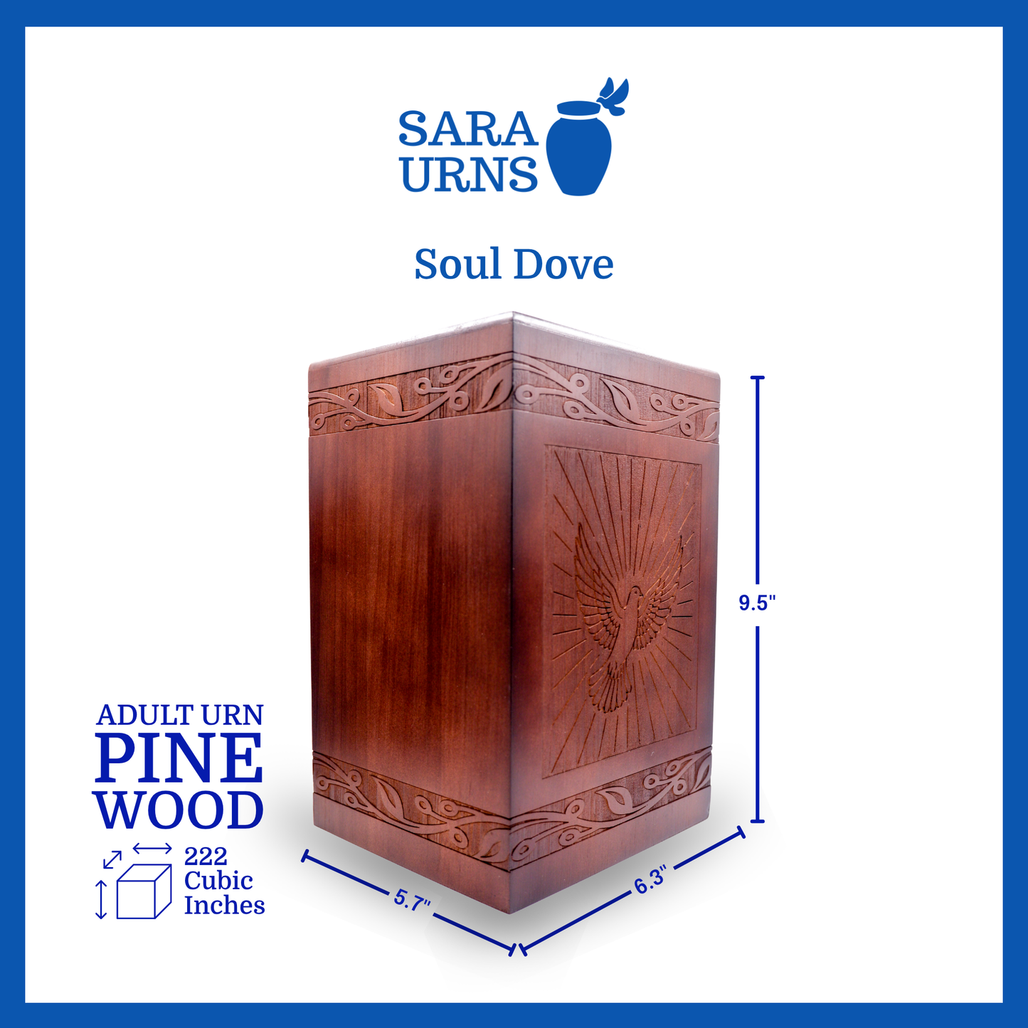 A brown pine wooden urn that is specified as 9.5 inches in height, 5.7 inches in width, 6.3 inches in length and is 222 cubic inches.