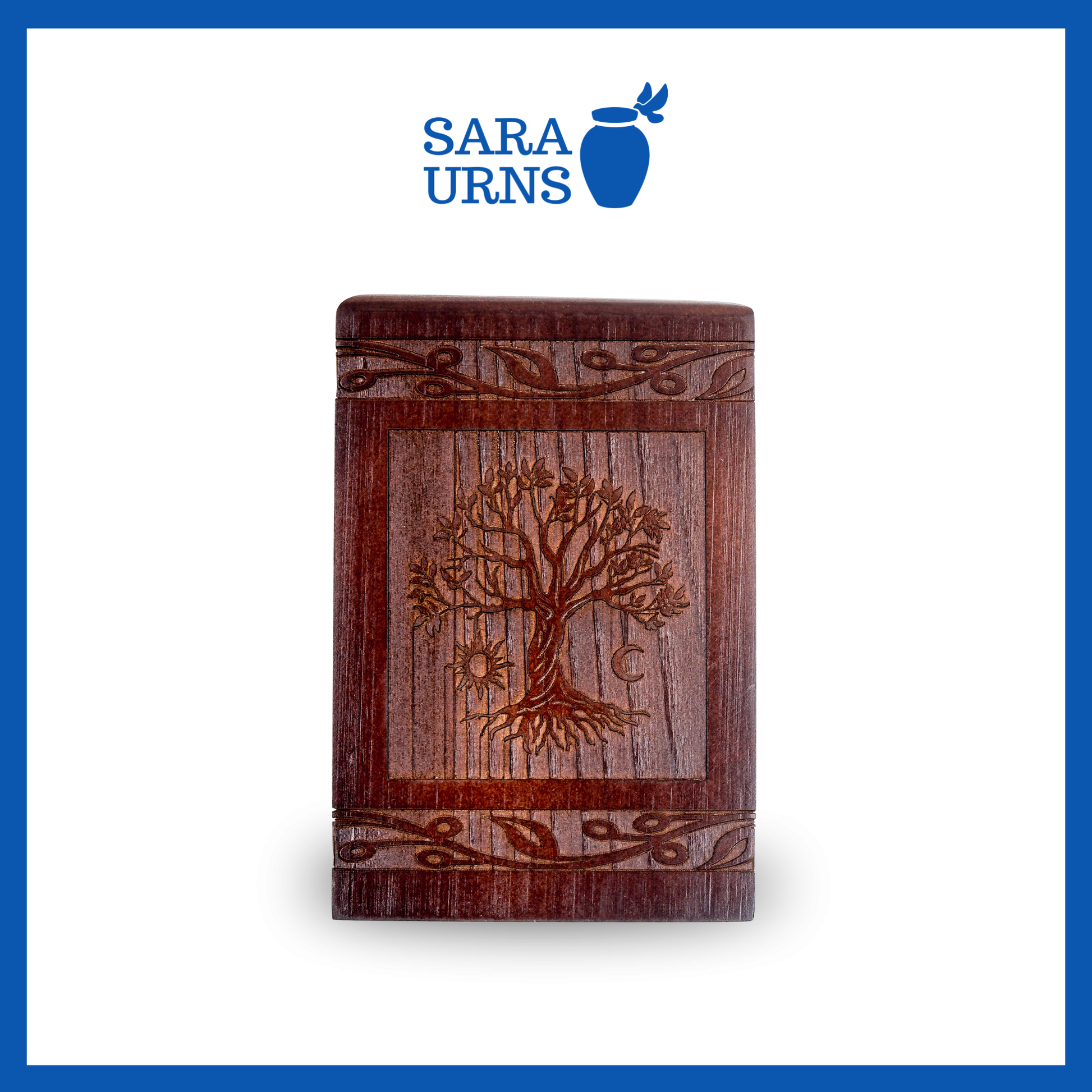 A front-facing shot of a brown pine wooden keepsake urn with an intricate engraving of the tree of life over a white background.