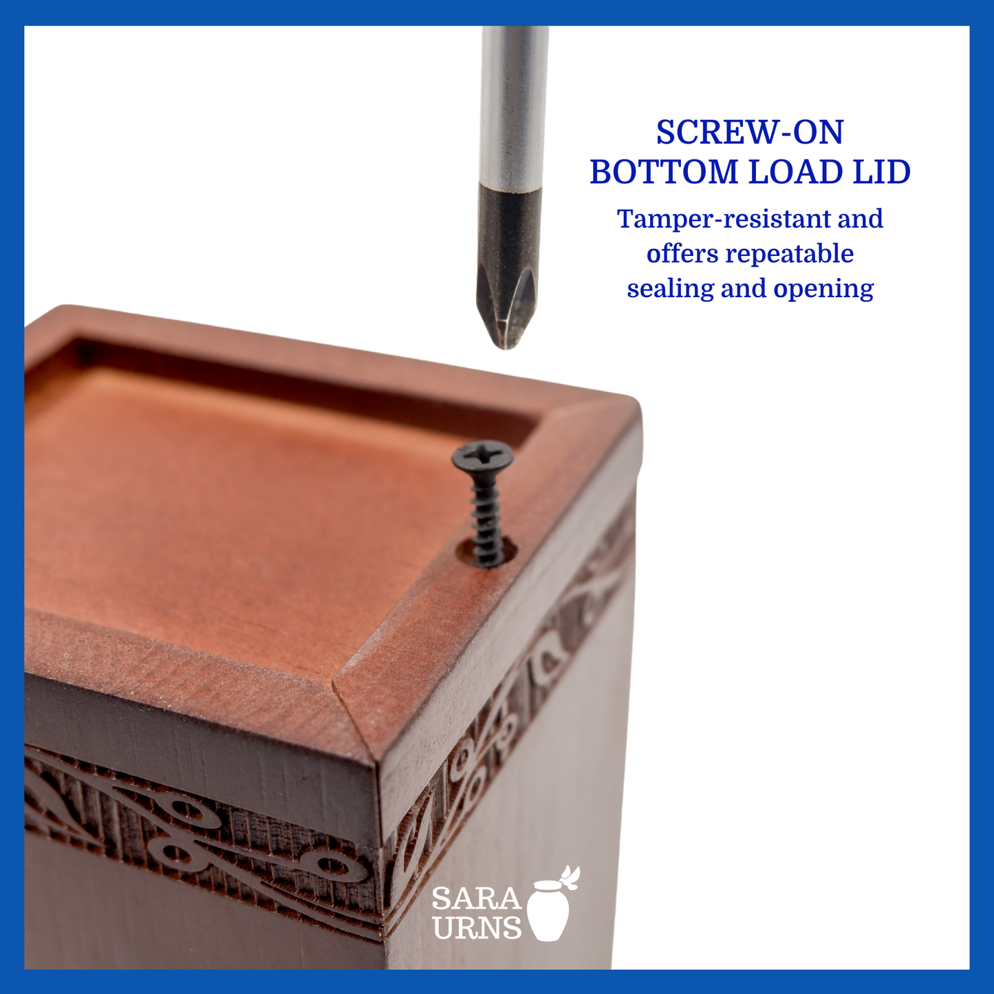 A presentation of a brown pine wooden keepsake urn’s screw-type lid which highlights its safety and security.