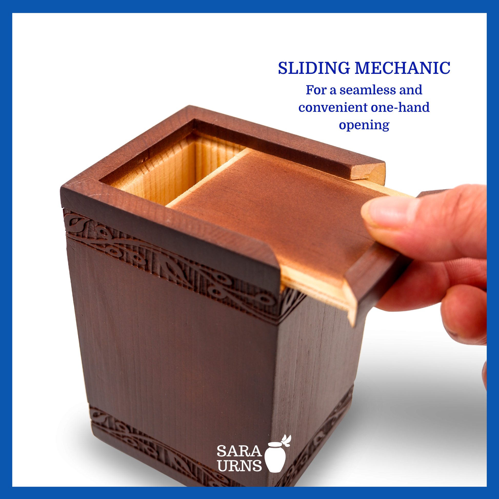 A presentation of a brown pine wooden keepsake urn’s sliding mechanic which highlights its seamless security.