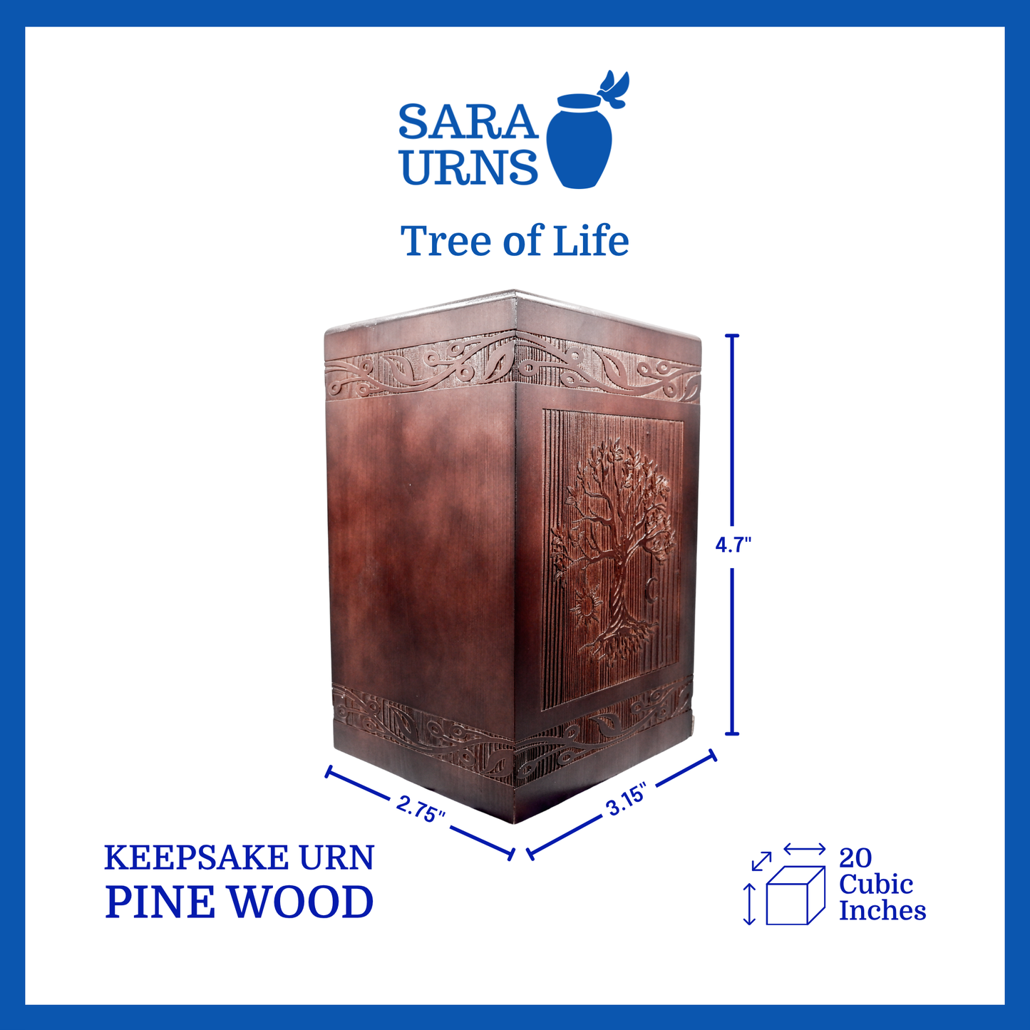 A brown pine wooden keepsake urn that is specified as 4.7 inches in height, 3.15 inches in width, 2.75 inches in length and is 20 cubic inches.